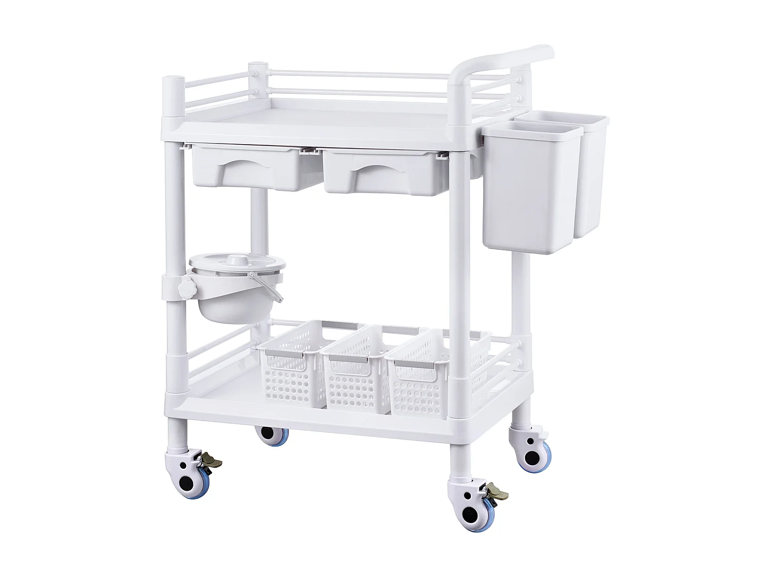 Werkzeugwagen SucceBuy Werkzeugwagen, 2-Stöckiger Laborwagen, Mobiler Medizinischer Wagen, 2 Tabletts, 2 Schubladen, 3 Behälter, Weiß