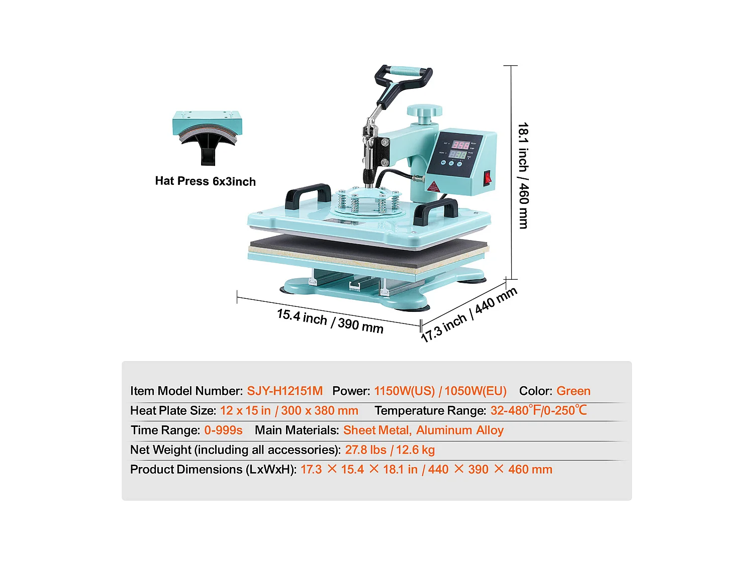 Presse à Chaud SucceBuy Machine de Transfert de Chaleur 30,48 x 38,1 cm pour T-Shirts et Chapeaux 2 en 1 Verte