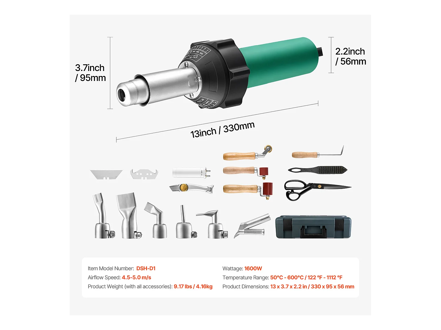 Pistola Termica SucceBuy Saldatrice ad Aria Calda per Plastica da 1600 W con 17 Accessori: Cassetta degli Attrezzi, Ugello, Rullo, Lame per PP/PE/PVC