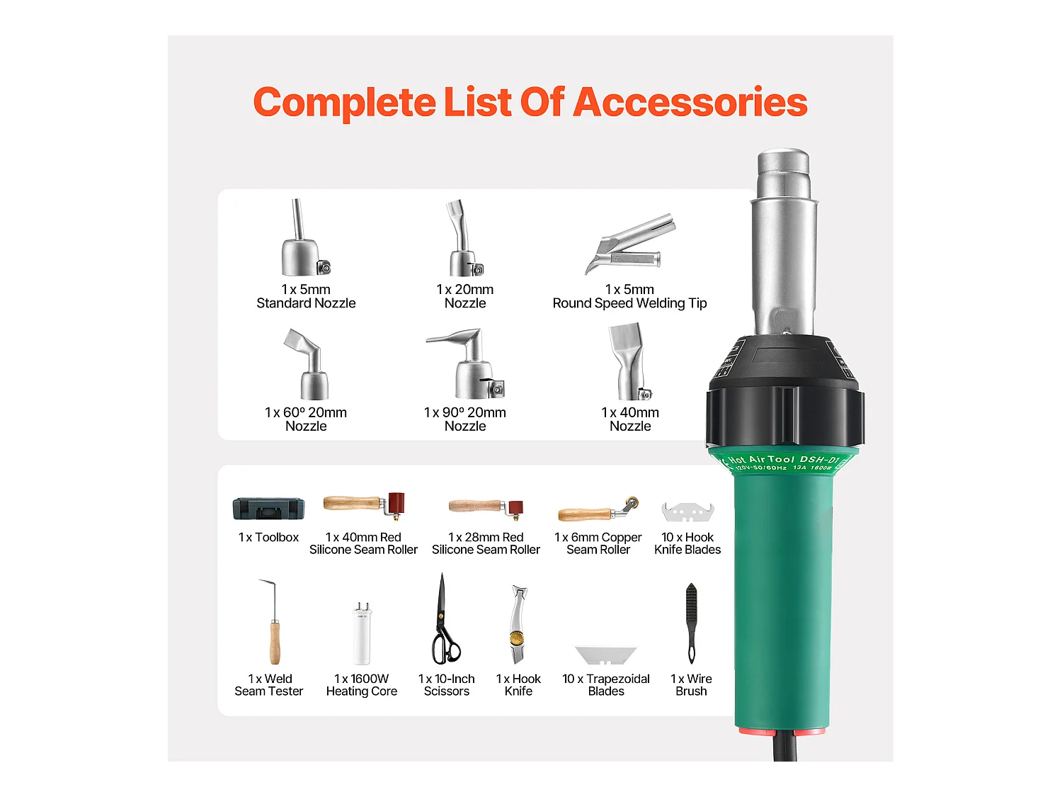Pistola Termica SucceBuy Saldatrice ad Aria Calda per Plastica da 1600 W con 17 Accessori: Cassetta degli Attrezzi, Ugello, Rullo, Lame per PP/PE/PVC