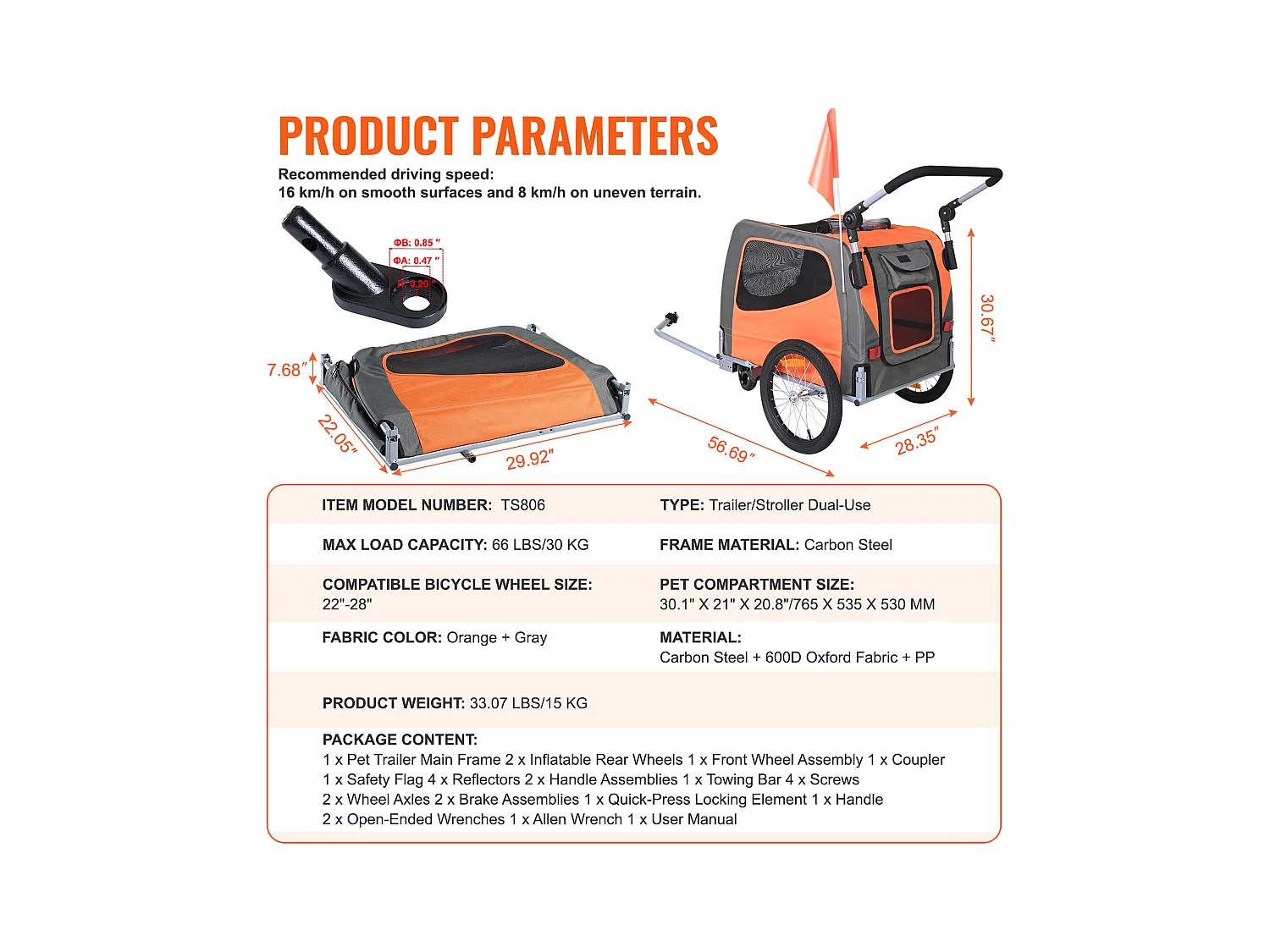 Reboque de Bicicleta 2 em 1, SucceBuy Reboque e Carrinho para Animais de Estimação, Capacidade de Transporte de Cães e Gatos de 30 kg, Resistente à Água