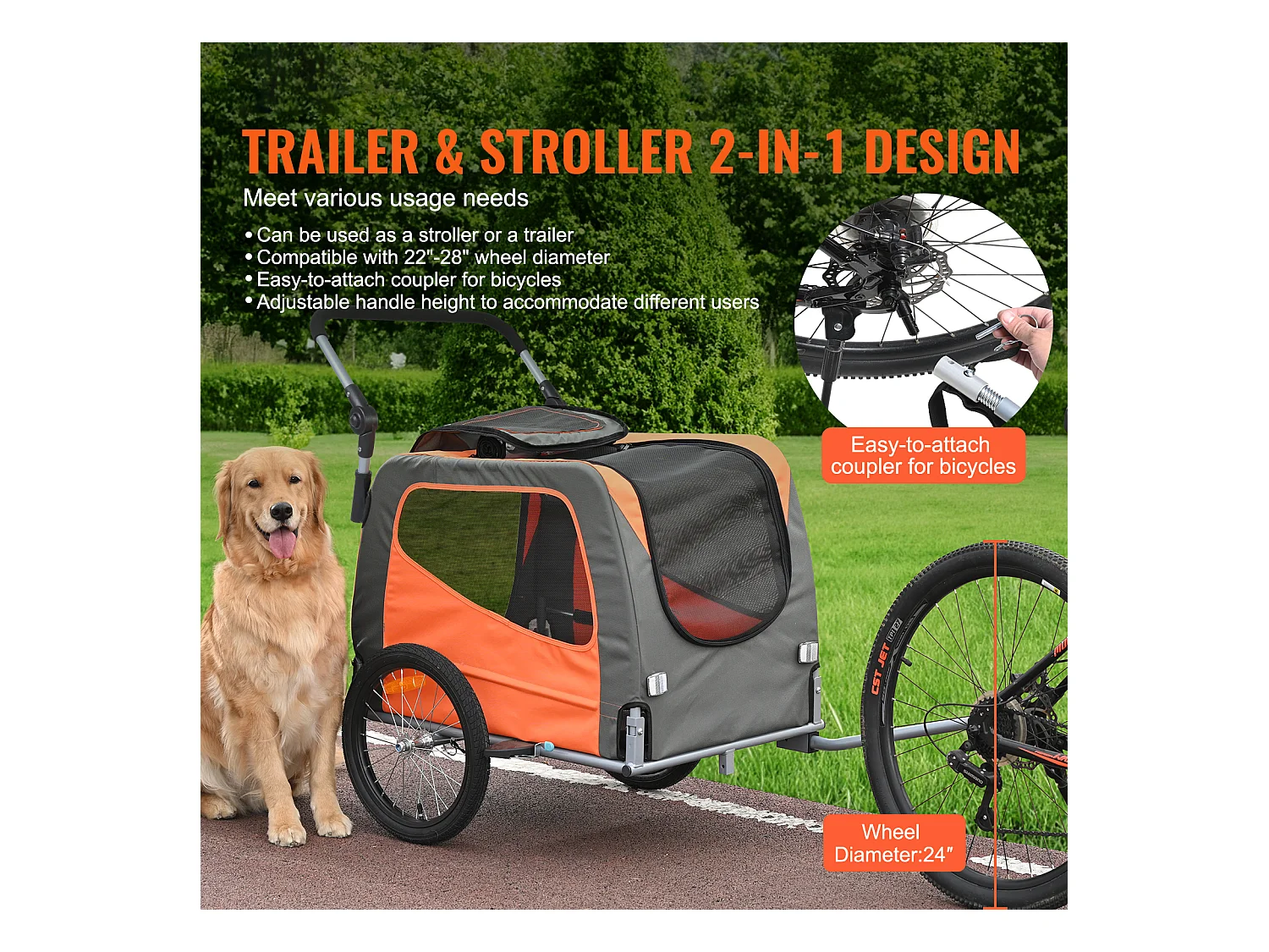 Reboque de Bicicleta 2 em 1, SucceBuy Reboque e Carrinho para Animais de Estimação, Capacidade de Transporte de Cães e Gatos de 30 kg, Resistente à Água