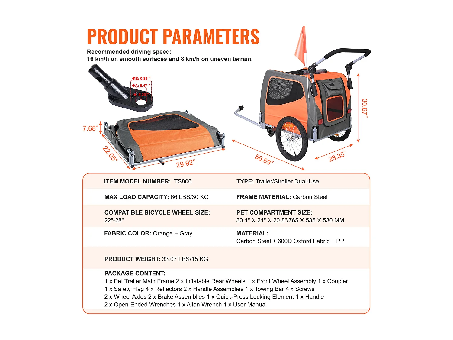Remorque 2in1 de Vélo, SucceBuy Remorque et Poussette pour Animaux de Compagnie, Capacité de Transport pour Chien et Chat de 30 kg, Résistante à l'Eau