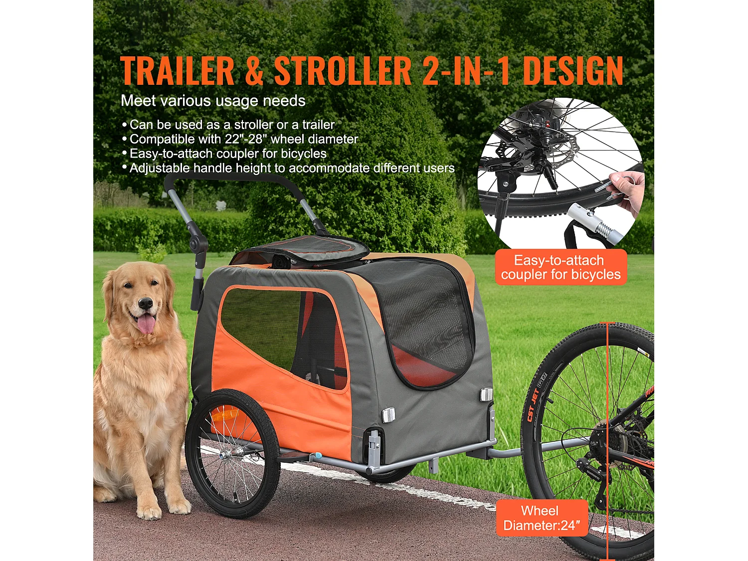 Remorque 2in1 de Vélo, SucceBuy Remorque et Poussette pour Animaux de Compagnie, Capacité de Transport pour Chien et Chat de 30 kg, Résistante à l'Eau