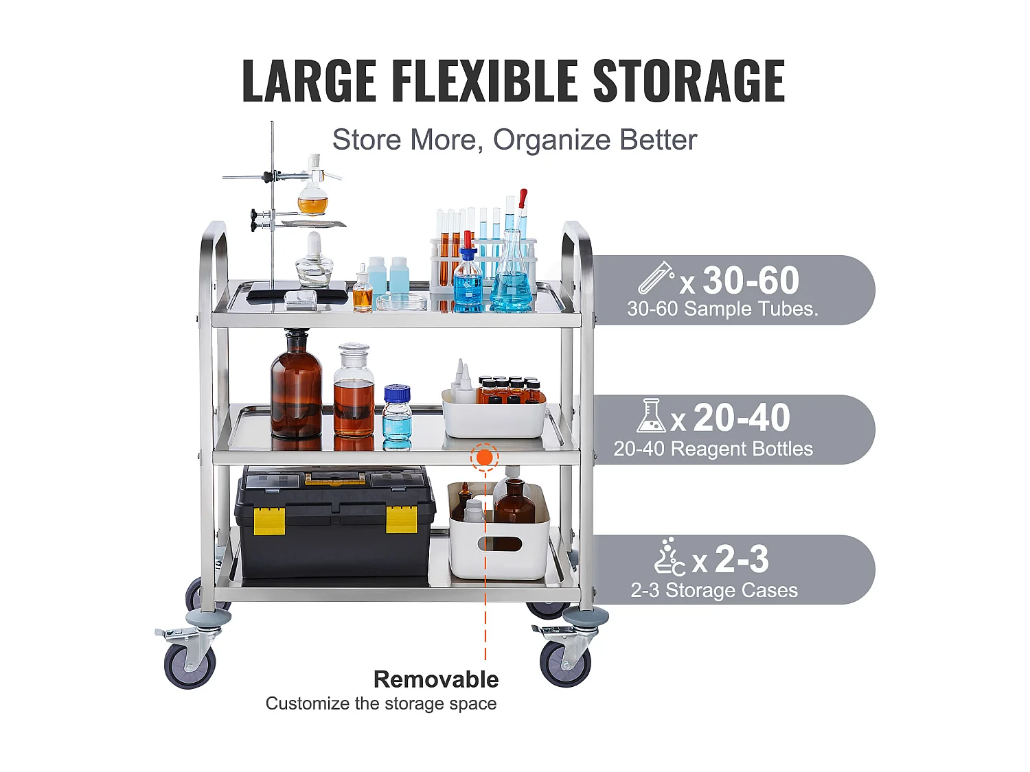 Carro de Herramientas SucceBuy Carro de Herramientas de 3 Niveles de Acero Inoxidable, 181 kg, Móvil, para Laboratorio Clínico