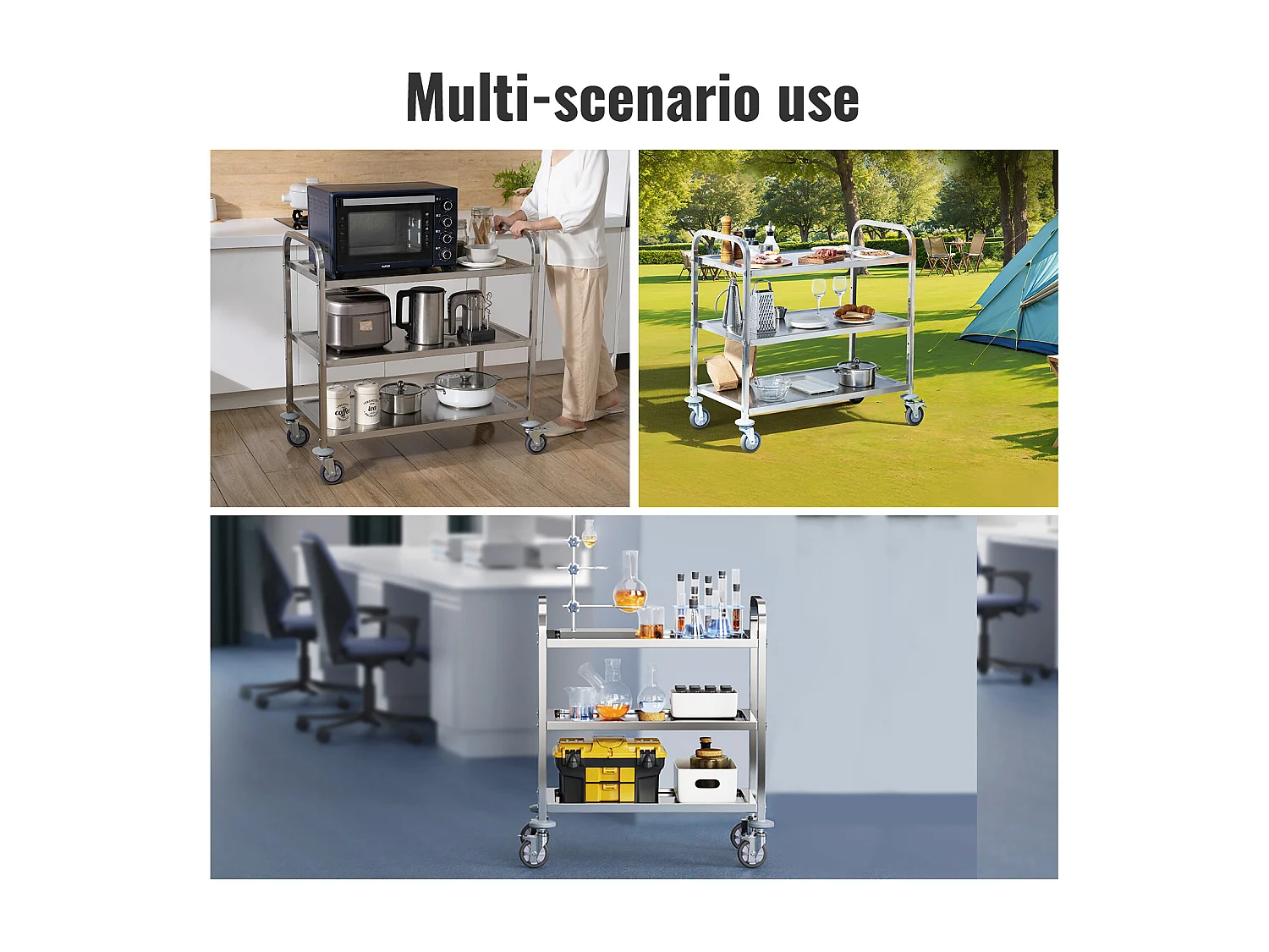 Carro de Herramientas SucceBuy Carro de Herramientas de 3 Niveles de Acero Inoxidable, 181 kg, Móvil, para Laboratorio Clínico