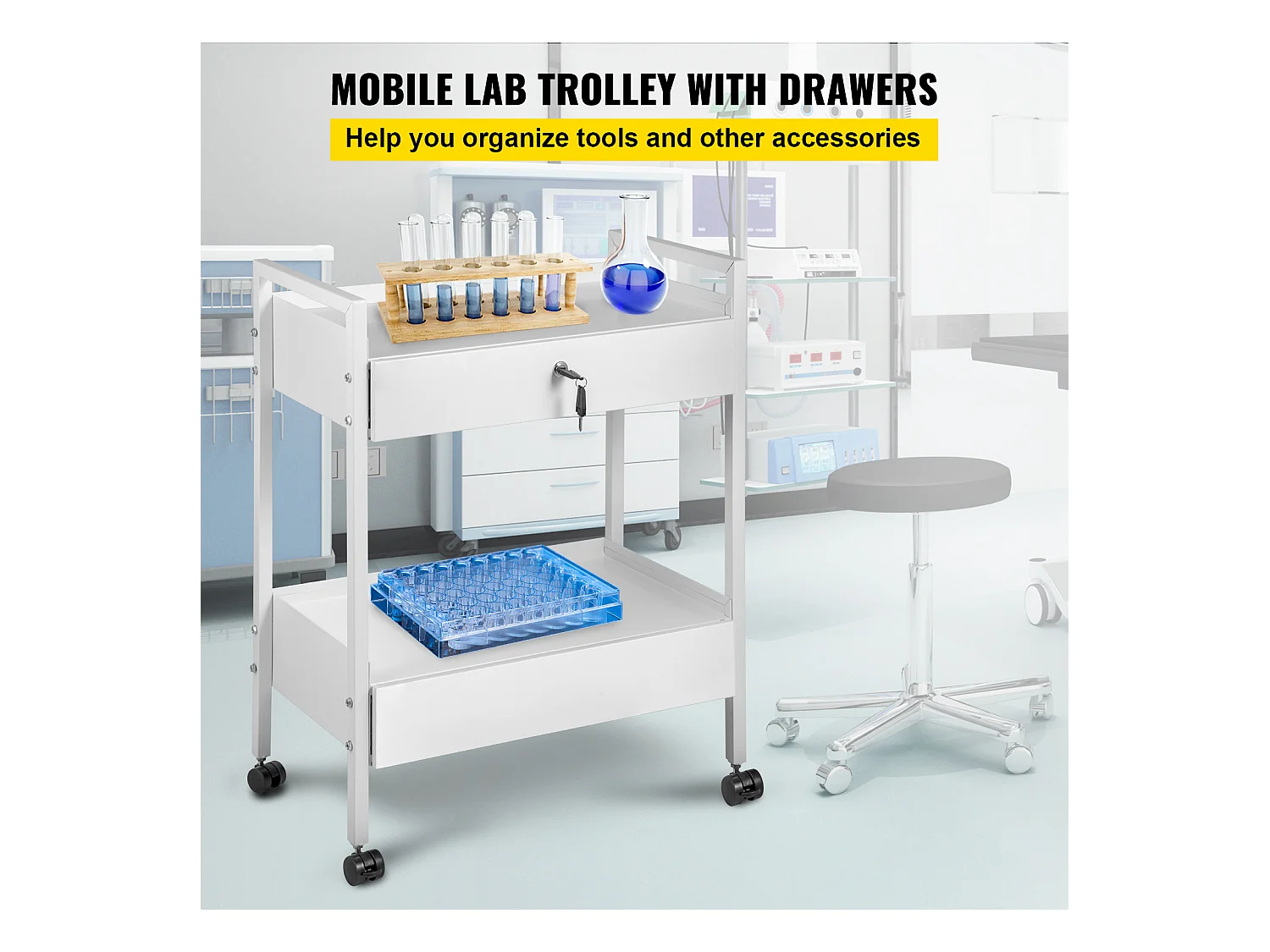 Chariot à Outils SucceBuy Chariot de Service Mobile en Acier pour Laboratoire Dentaire, Chariot Roulant à 2 Niveaux