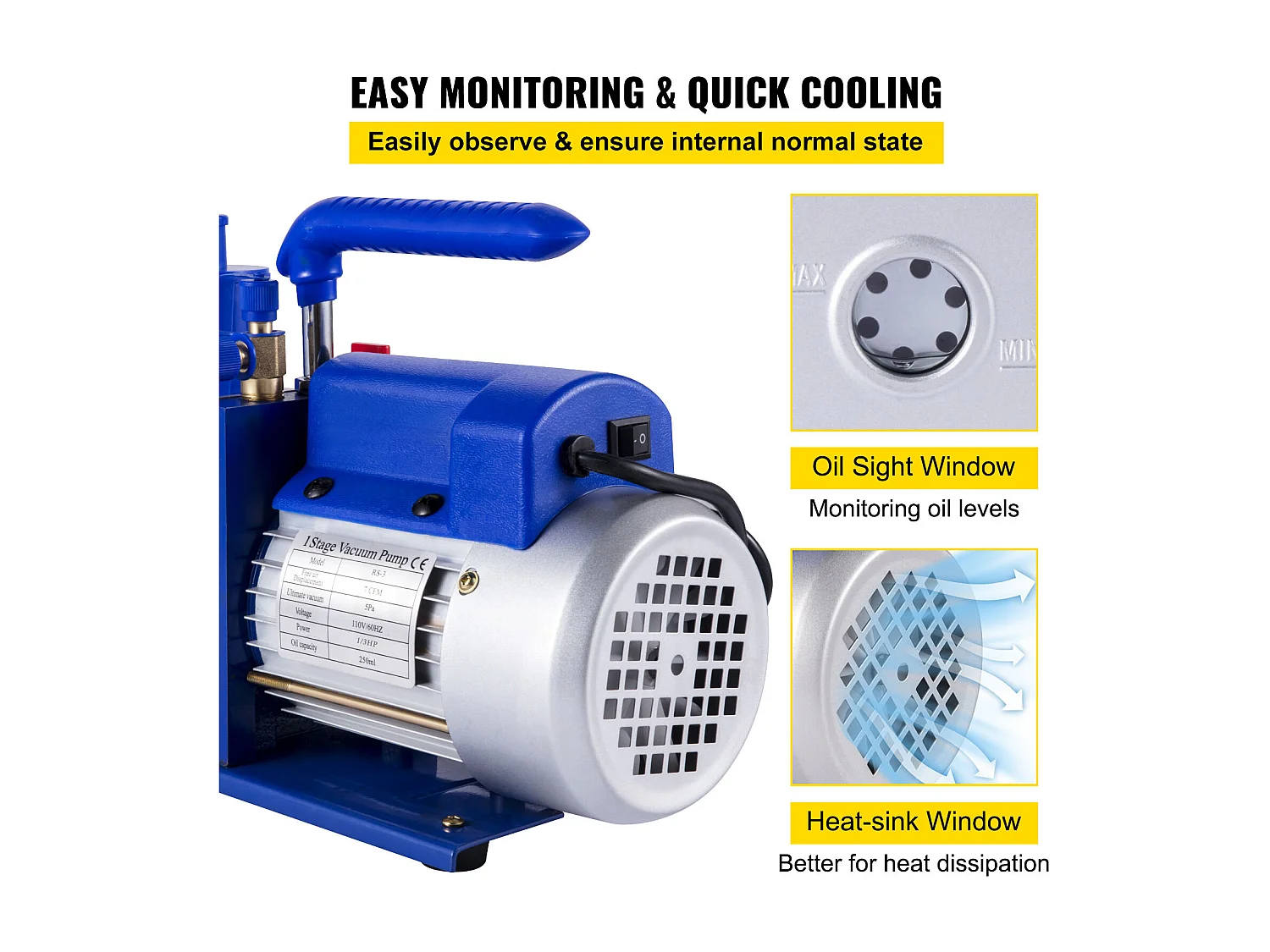 Pompe à Vide Climatisation SucceBuy, 7 CFM, 1/2 CV, Idéale pour les Applications CVC Profondes