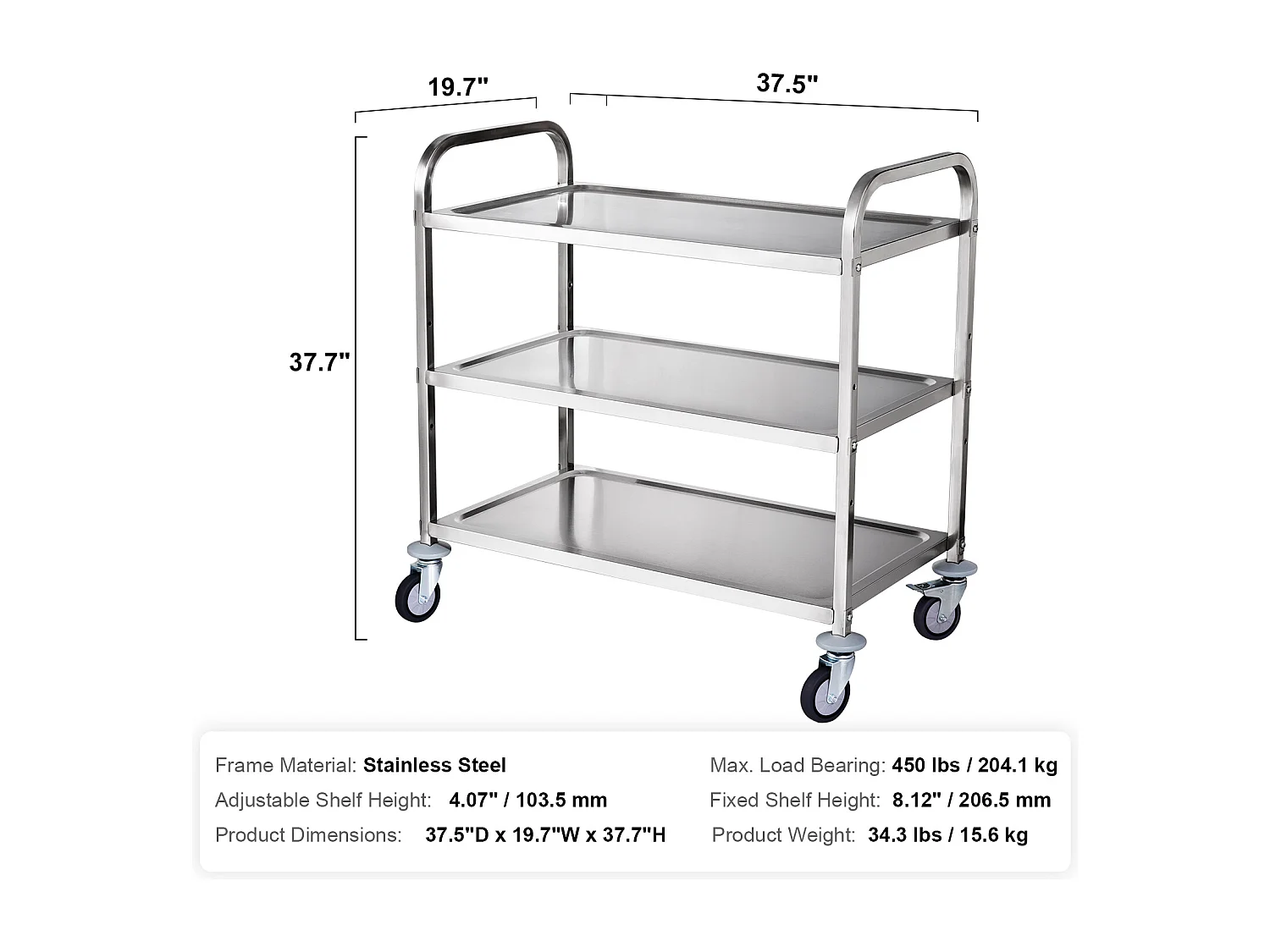 Chariot à Outils SucceBuy Chariot Utilitaire à 3 Niveaux, Chariot à Roulettes sur Roulettes, 95 x 50 x 95 cm, 204kg , 6 Crochets