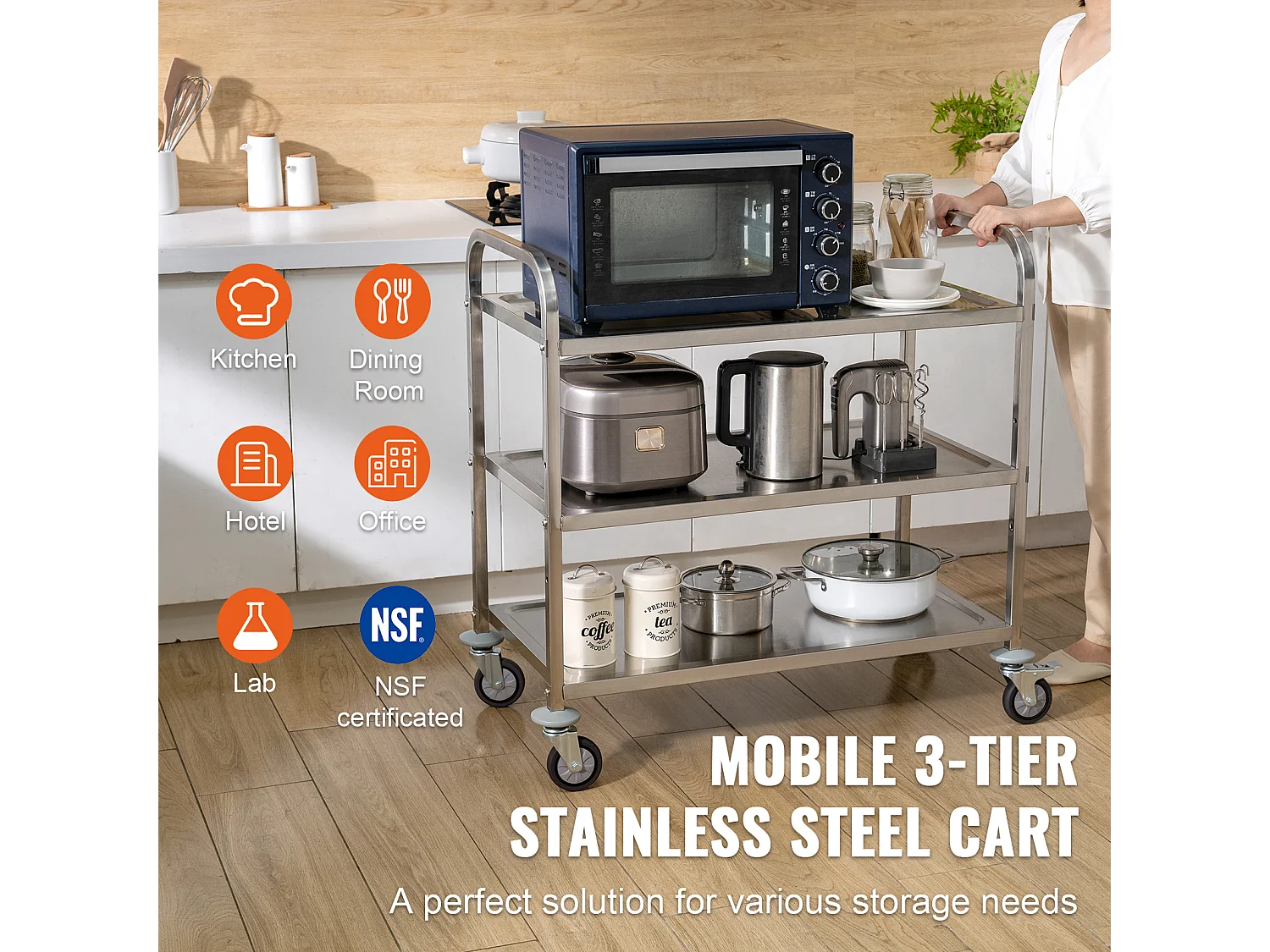 Chariot à Outils SucceBuy Chariot Utilitaire à 3 Niveaux, Chariot à Roulettes sur Roulettes, 95 x 50 x 95 cm, 204kg , 6 Crochets