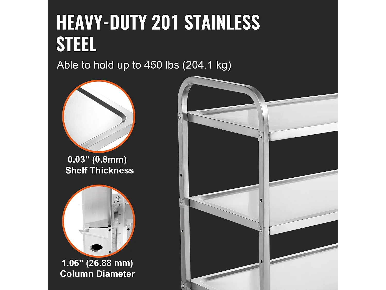 Chariot à Outils SucceBuy Chariot Utilitaire à 3 Niveaux, Chariot à Roulettes sur Roulettes, 95 x 50 x 95 cm, 204kg , 6 Crochets