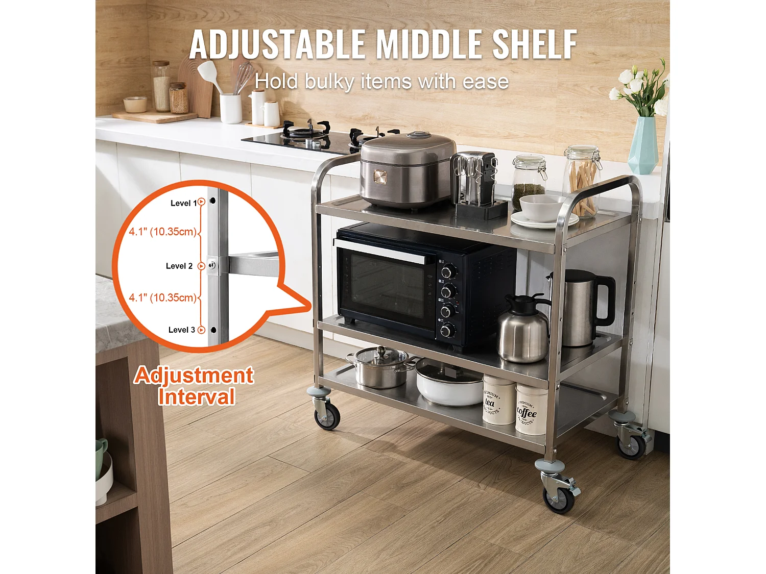 Chariot à Outils SucceBuy Chariot Utilitaire à 3 Niveaux, Chariot à Roulettes sur Roulettes, 95 x 50 x 95 cm, 204kg , 6 Crochets