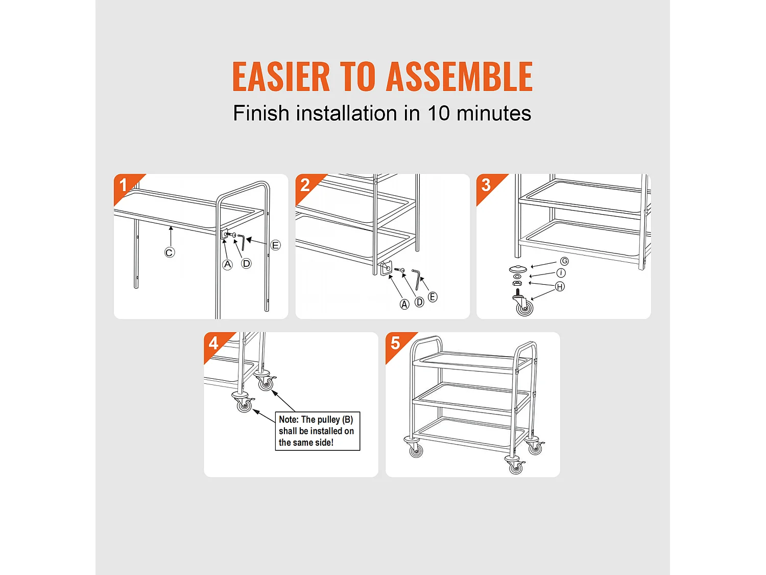 Chariot à Outils SucceBuy Chariot Utilitaire à 3 Niveaux, Chariot à Roulettes sur Roulettes, 95 x 50 x 95 cm, 204kg , 6 Crochets
