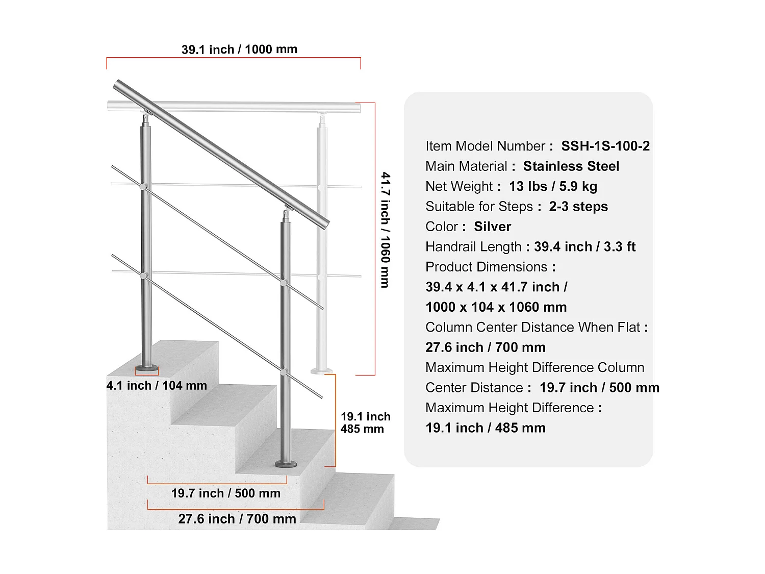 Main Courante SucceBuy Rambardes pour Marches Extérieures 2 Barres Transversales pour Porche et Terrasse 100CM