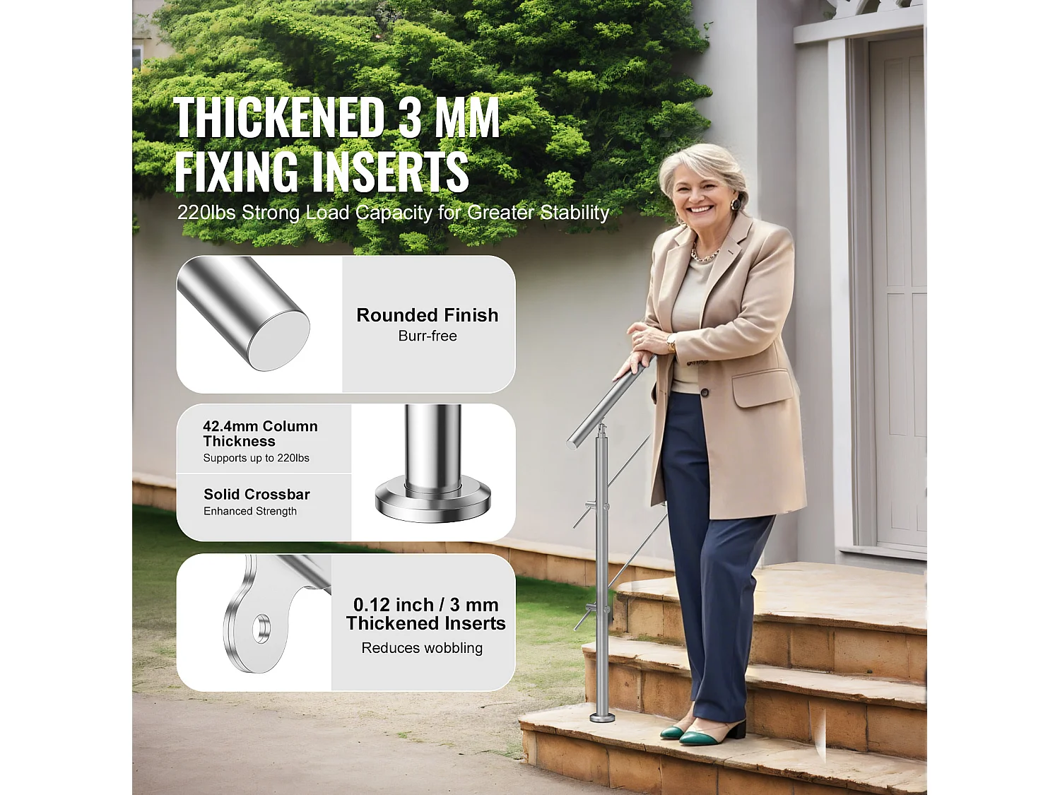 Main Courante SucceBuy Rambardes pour Marches Extérieures 2 Barres Transversales pour Porche et Terrasse 100CM