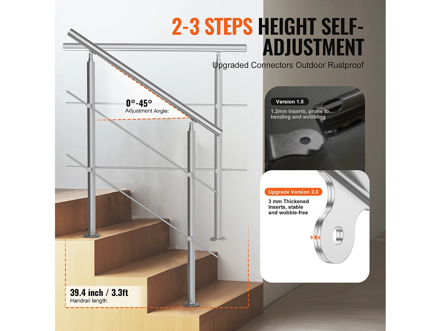Main Courante SucceBuy Rambardes pour Marches Extérieures 2 Barres Transversales pour Porche et Terrasse 100CM