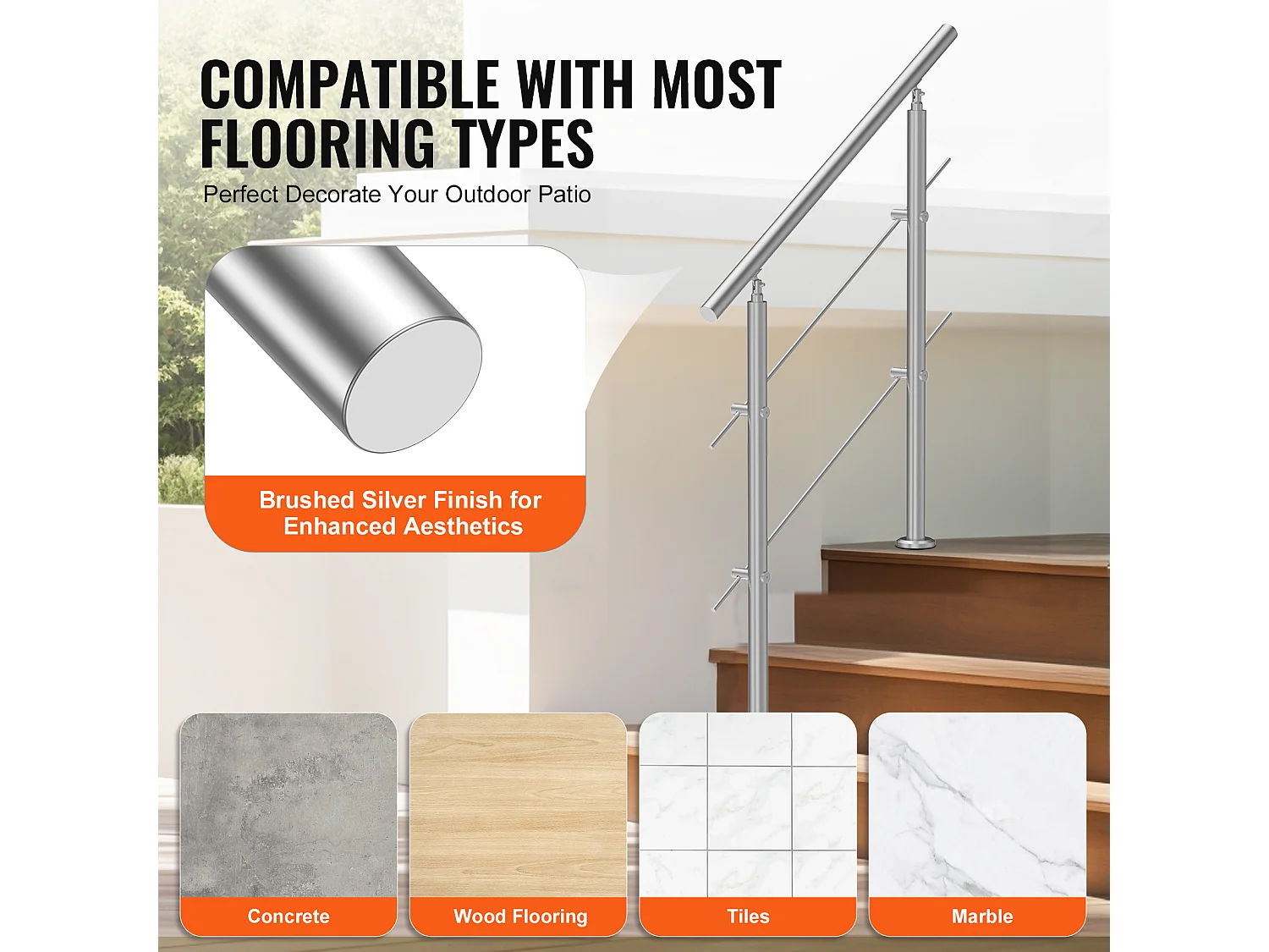 Main Courante SucceBuy Rambardes pour Marches Extérieures 2 Barres Transversales pour Porche et Terrasse 100CM
