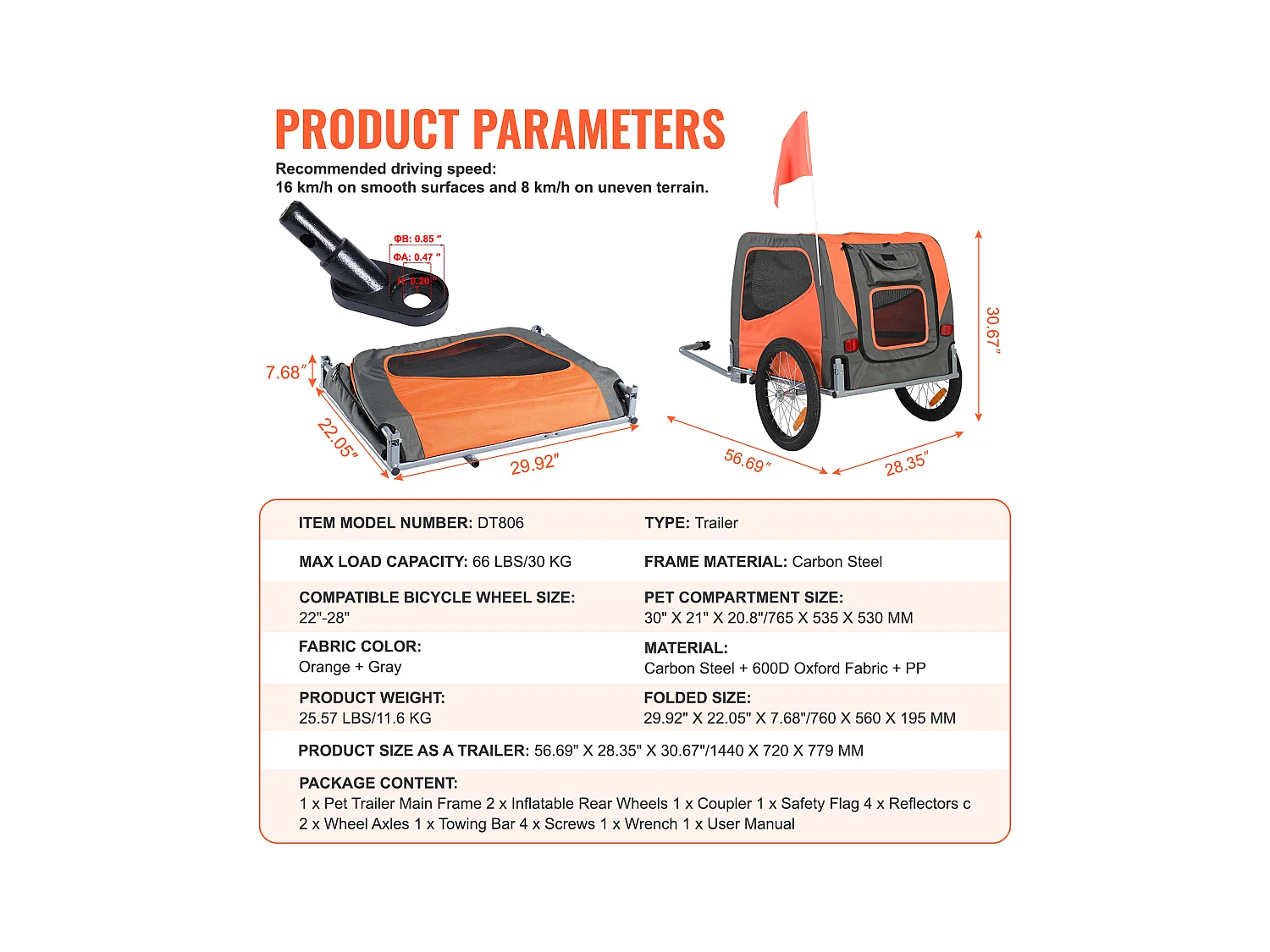 Remorque 2in1 de Vélo, SucceBuy Remorque pour Vélo pour Animaux de Compagnie, Porte-Vélo pour Chien et Chat, Charge de 30 kg, Acier Résistant à l'Eau