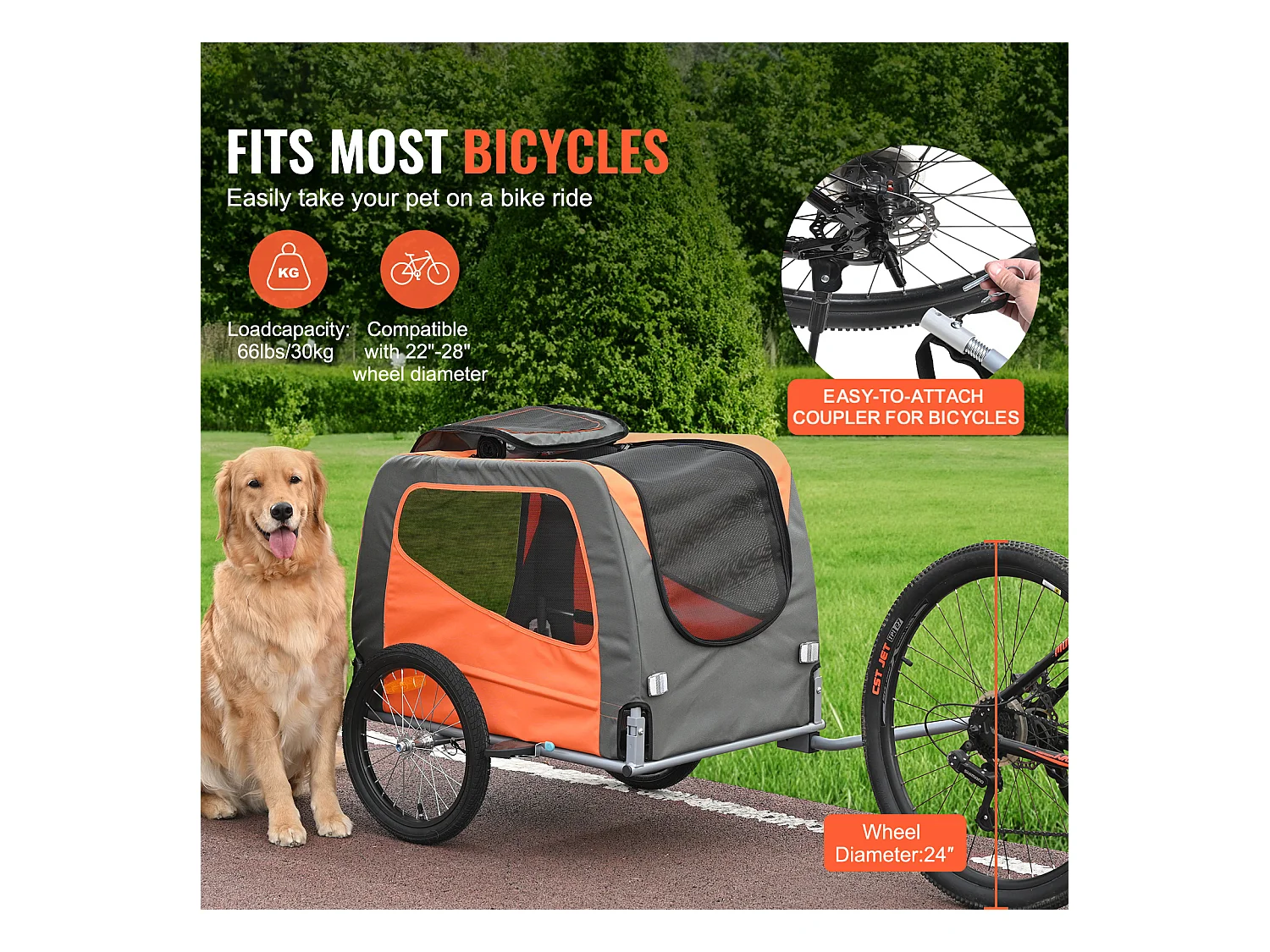 Remorque 2in1 de Vélo, SucceBuy Remorque pour Vélo pour Animaux de Compagnie, Porte-Vélo pour Chien et Chat, Charge de 30 kg, Acier Résistant à l'Eau