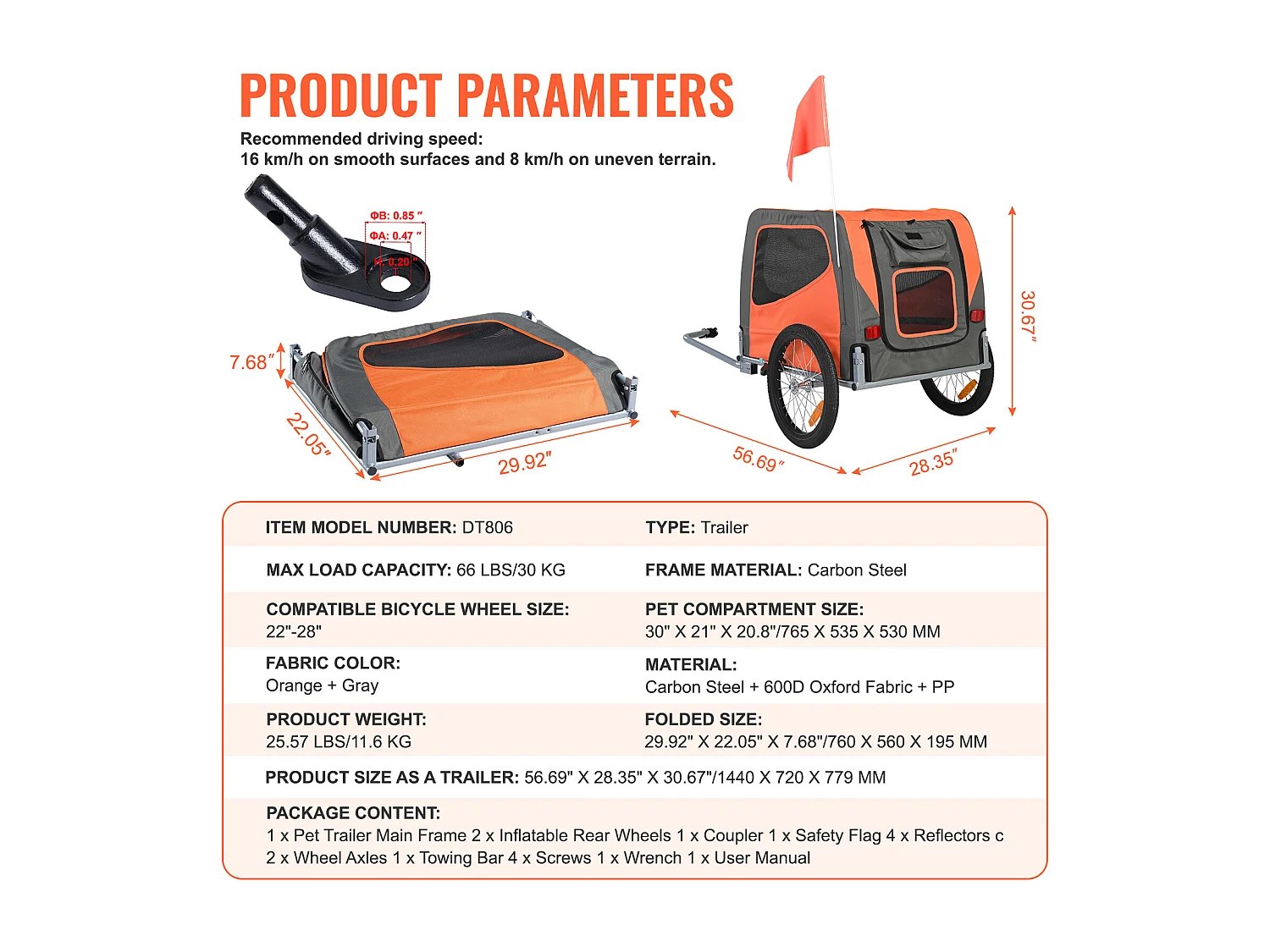 Remorque 2in1 de Vélo, SucceBuy Remorque pour Vélo pour Animaux de Compagnie, Porte-Vélo pour Chien et Chat, Charge de 30 kg, Acier Résistant à l'Eau