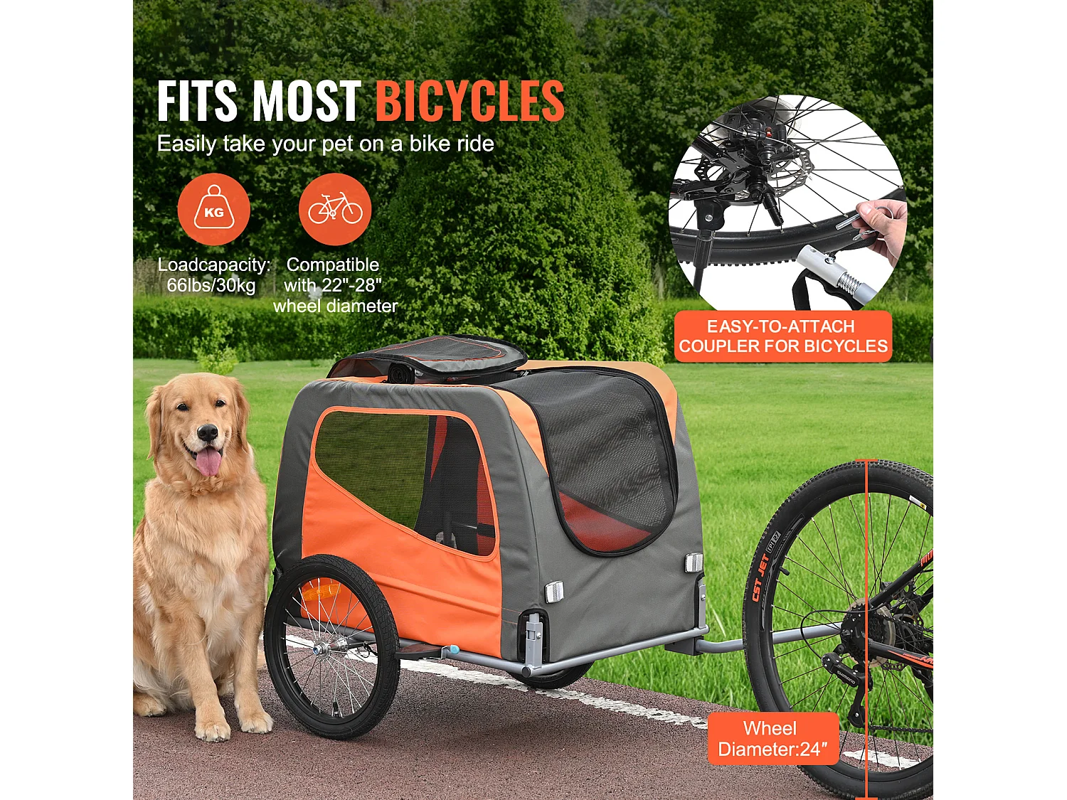 Remorque 2in1 de Vélo, SucceBuy Remorque pour Vélo pour Animaux de Compagnie, Porte-Vélo pour Chien et Chat, Charge de 30 kg, Acier Résistant à l'Eau