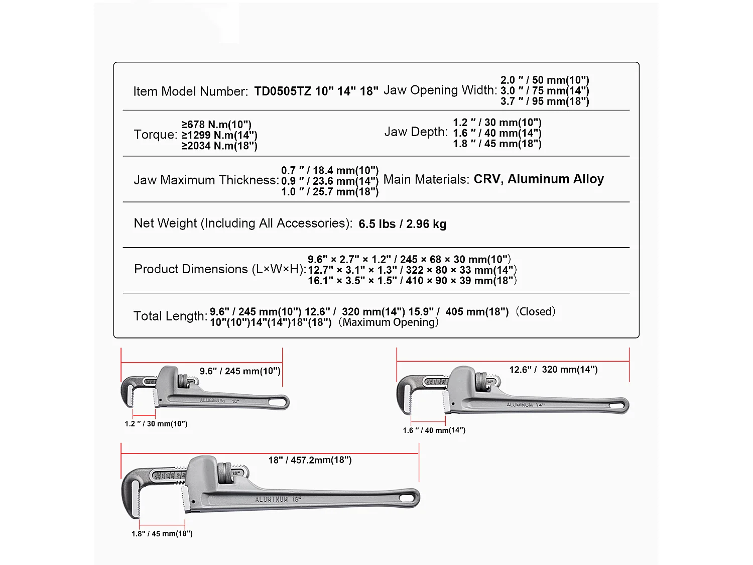 Clé SucceBuy Ensemble de 3 Clés à Pipe en Aluminium 25.40/35.56/45.72 CM, Plomberie, Mâchoire CRV