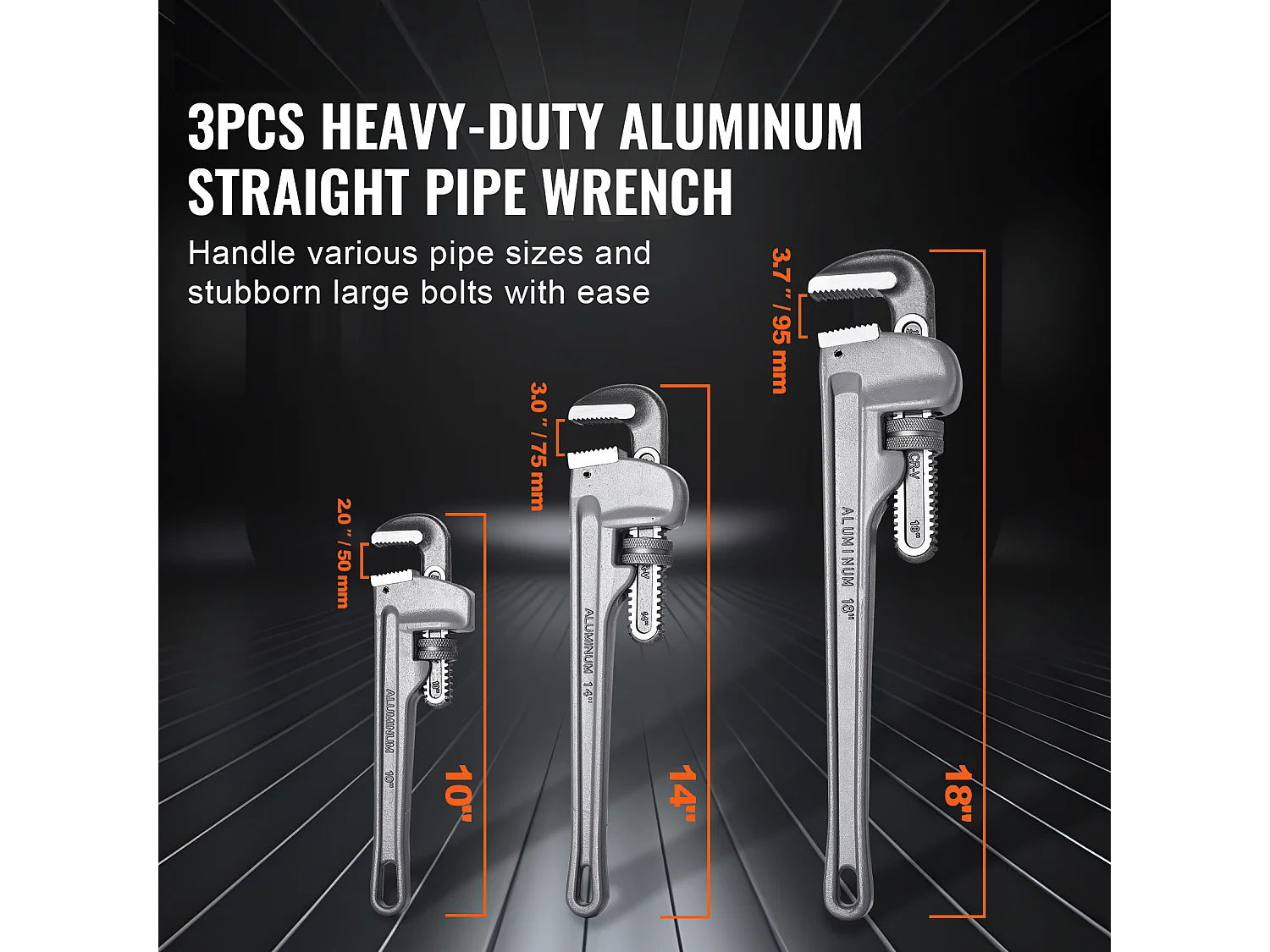 Clé SucceBuy Ensemble de 3 Clés à Pipe en Aluminium 25.40/35.56/45.72 CM, Plomberie, Mâchoire CRV