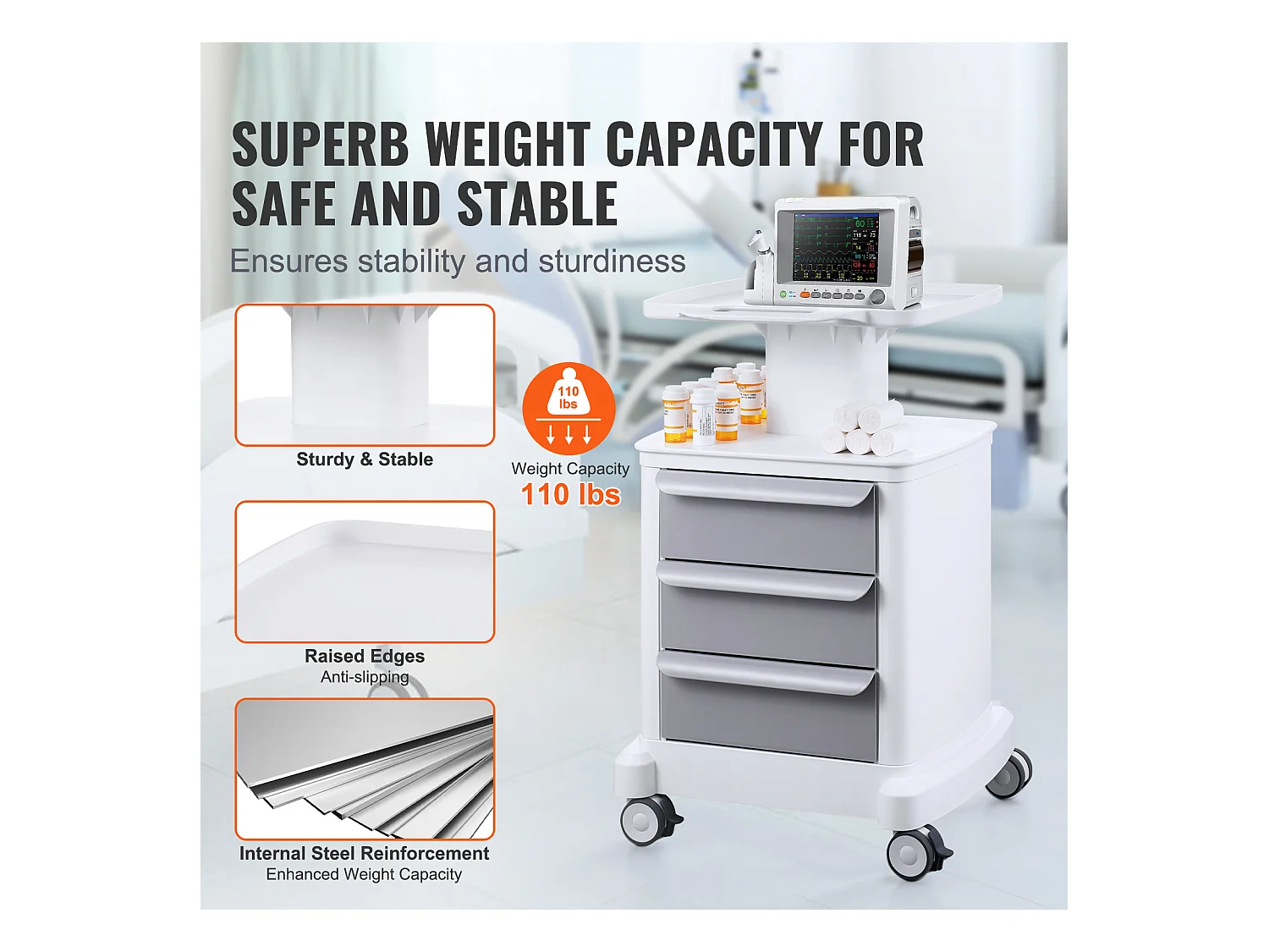 Carrello Portautensili SucceBuy, Carrello Medico Mobile a 4 Ripiani con 3 Cassetti e 1 Ripiano Superiore, Bianco