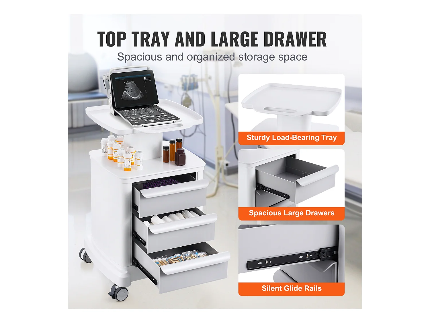 Carrello Portautensili SucceBuy, Carrello Medico Mobile a 4 Ripiani con 3 Cassetti e 1 Ripiano Superiore, Bianco