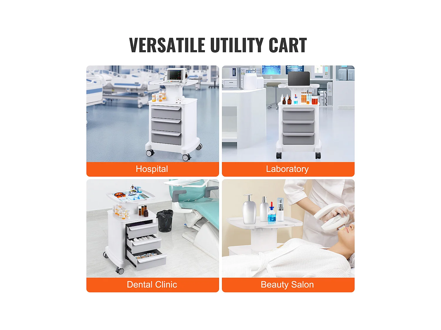 Carrello Portautensili SucceBuy, Carrello Medico Mobile a 4 Ripiani con 3 Cassetti e 1 Ripiano Superiore, Bianco
