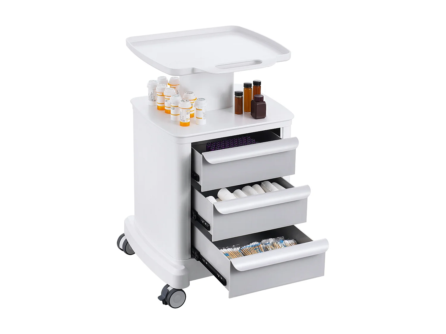 Carrello Portautensili SucceBuy, Carrello Medico Mobile a 4 Ripiani con 3 Cassetti e 1 Ripiano Superiore, Bianco