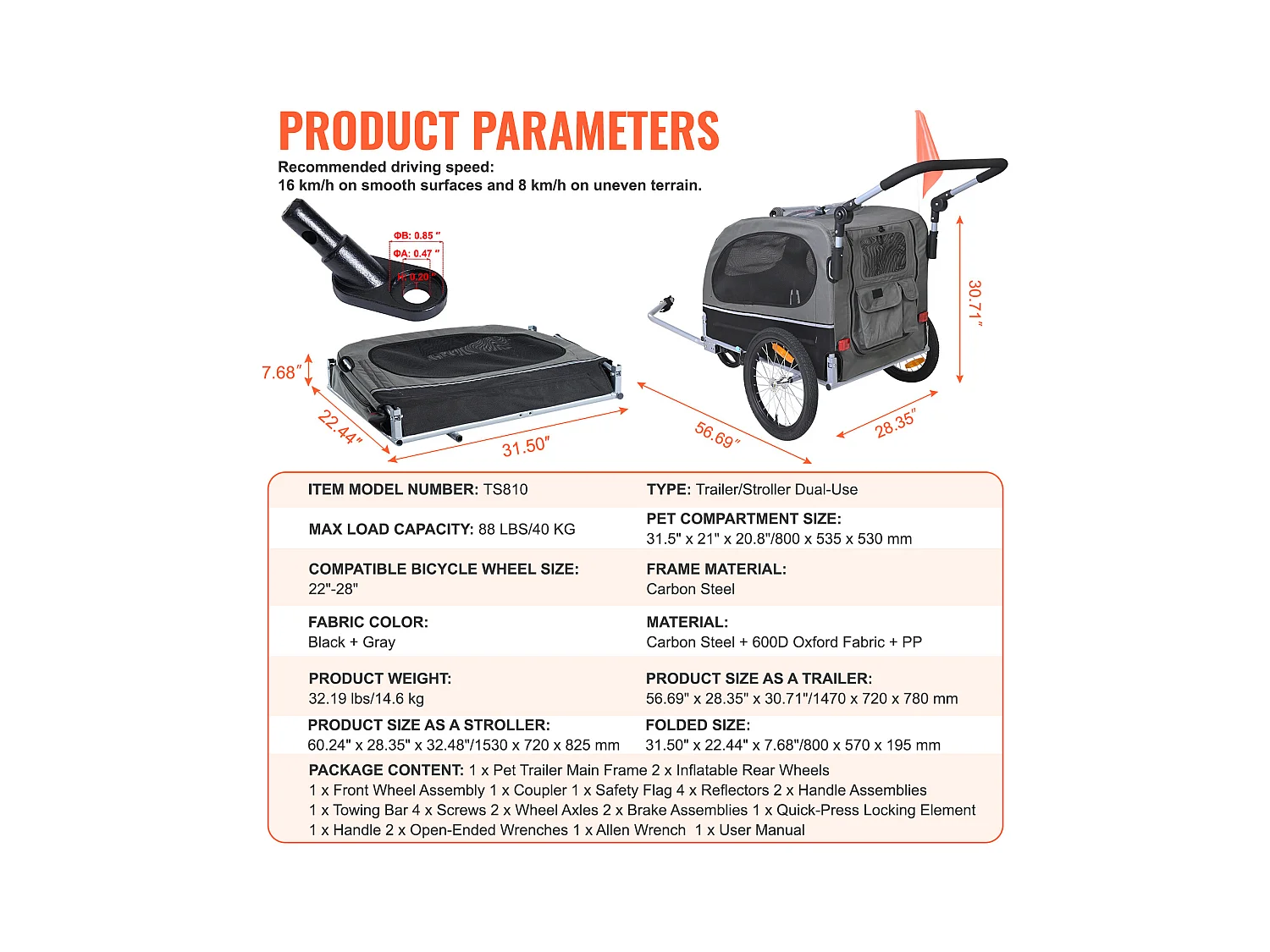 Reboque de Bicicleta 2 em 1, SucceBuy Reboque e Carrinho para Cães e Gatos, Capacidade de 40 kg, Resistente à Água