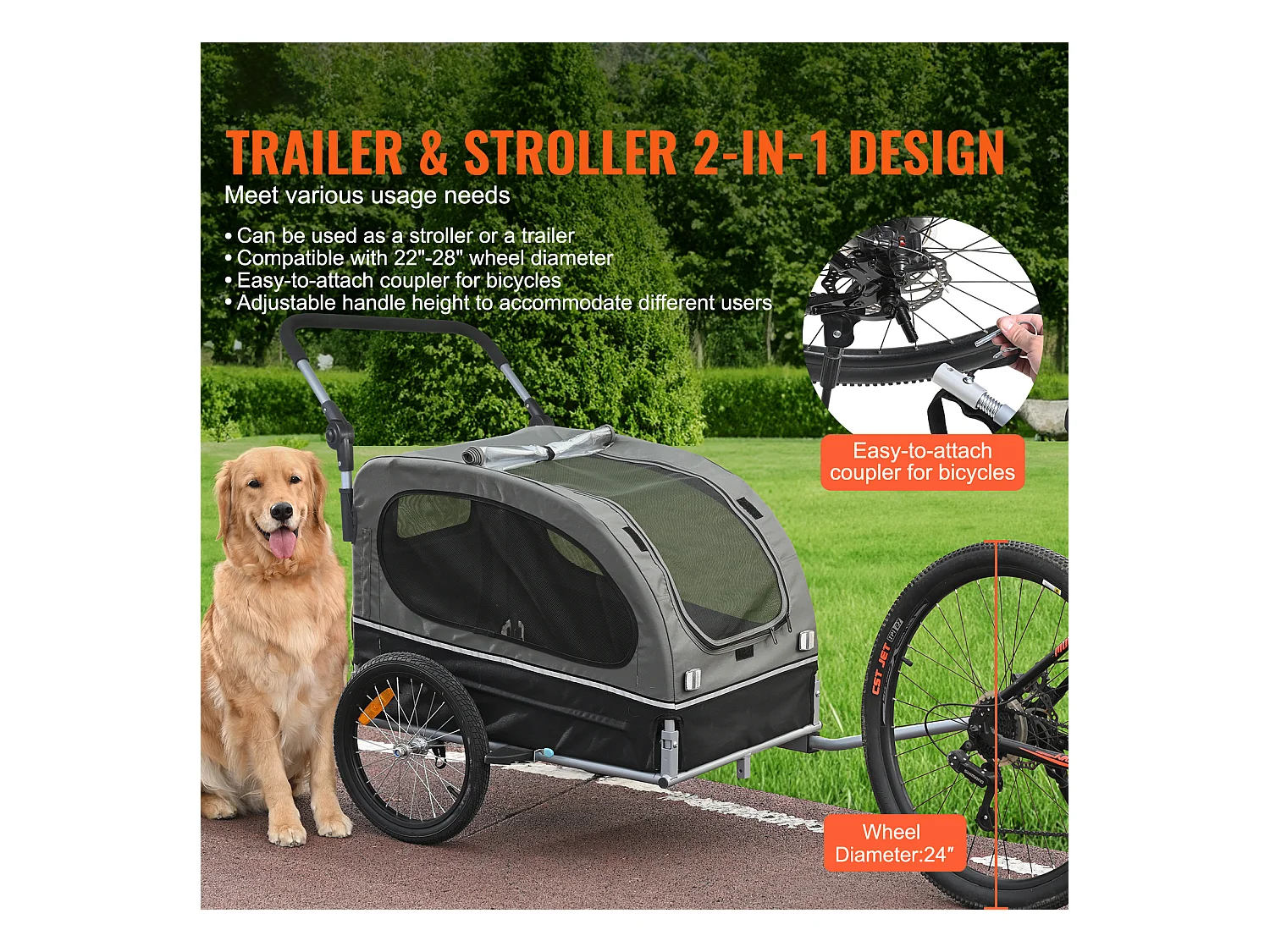 Reboque de Bicicleta 2 em 1, SucceBuy Reboque e Carrinho para Cães e Gatos, Capacidade de 40 kg, Resistente à Água