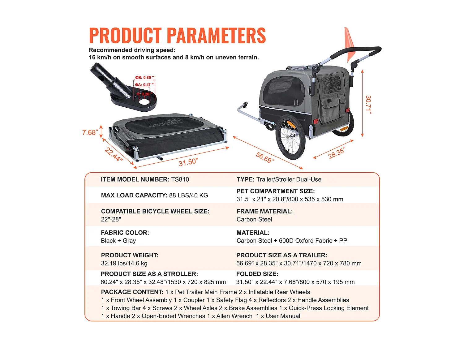 Remorque 2in1 de Vélo, SucceBuy Remorque et Poussette pour Chien et Chat, Capacité de 40 kg, Résistante à l'Eau