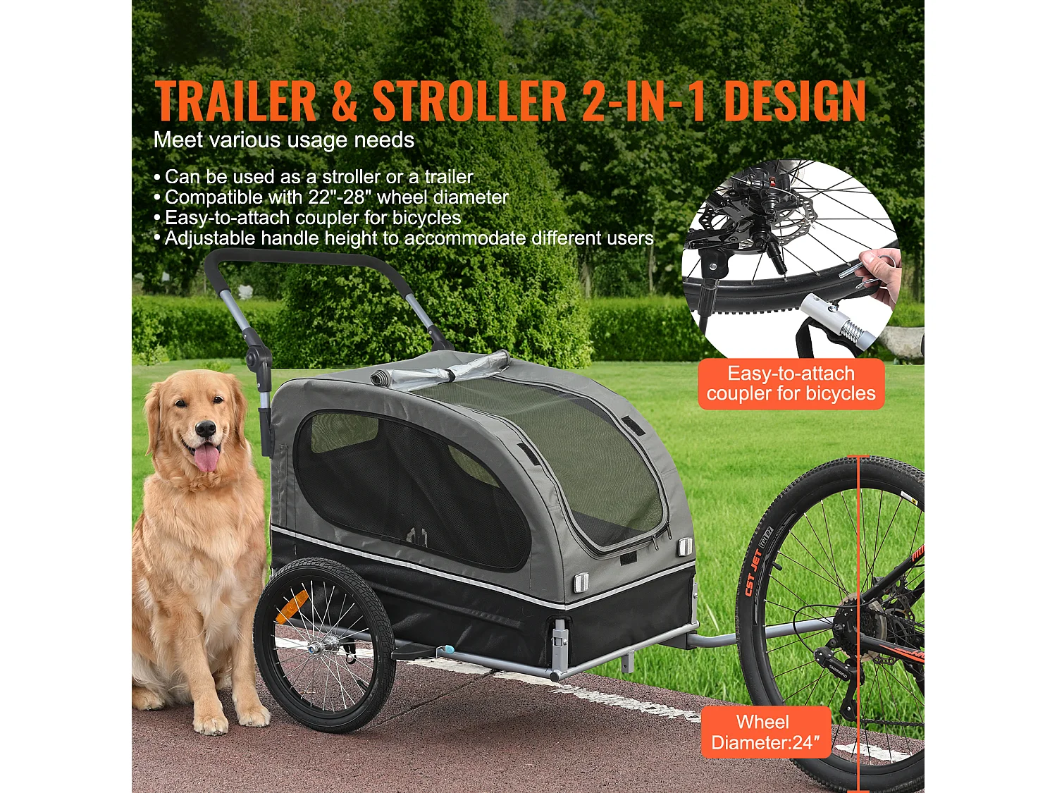 Remorque 2in1 de Vélo, SucceBuy Remorque et Poussette pour Chien et Chat, Capacité de 40 kg, Résistante à l'Eau