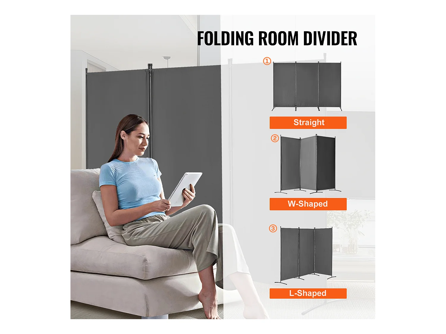 Cloison de Séparation SucceBuy Séparateur de Pièce à 3 Panneaux, Paravent de Confidentialité Pliable, Cloison Portable pour Bureau, Chambre à Coucher, Bureau, Gris