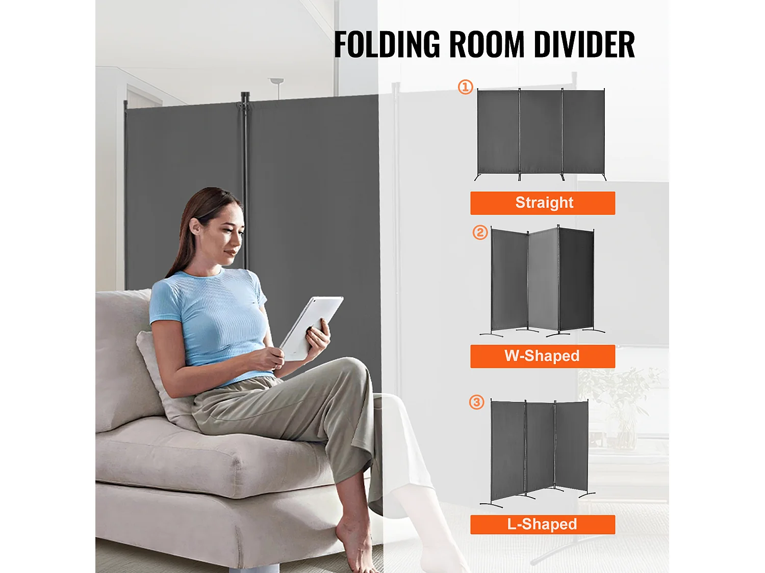 Cloison de Séparation SucceBuy Séparateur de Pièce à 3 Panneaux, Paravent de Confidentialité Pliable, Cloison Portable pour Bureau, Chambre à Coucher, Bureau, Gris