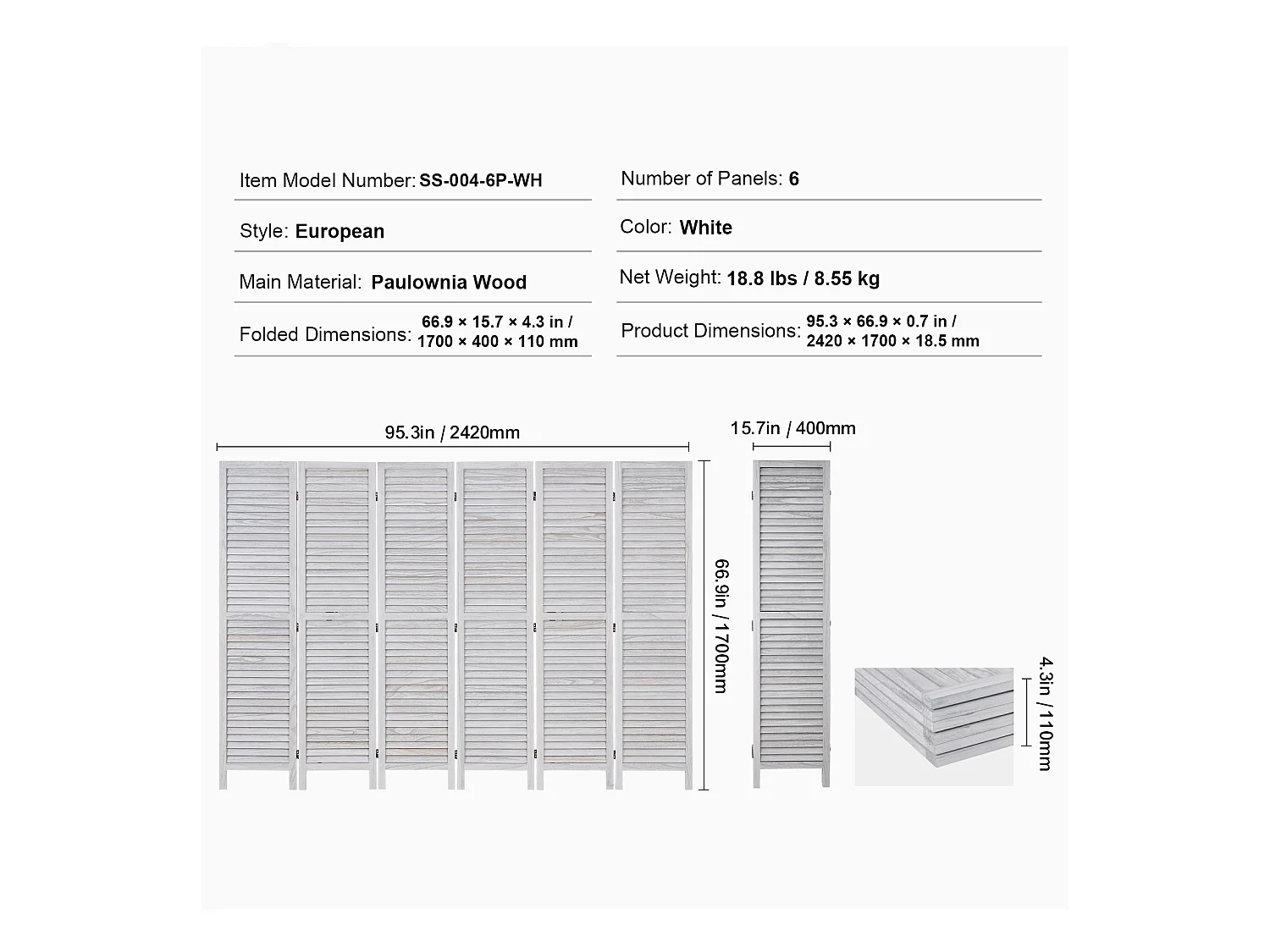 Biombo de Madera de 6 Paneles SucceBuy, Mampara de Madera para Separar Ambientes
