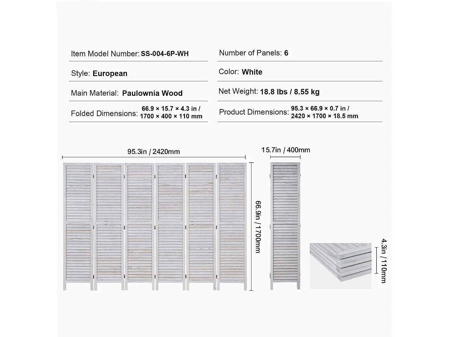 Cloison de Séparation en Bois à 6 Panneaux SucceBuy, Écran de Confidentialité en Bois pour la Séparation des Pièces