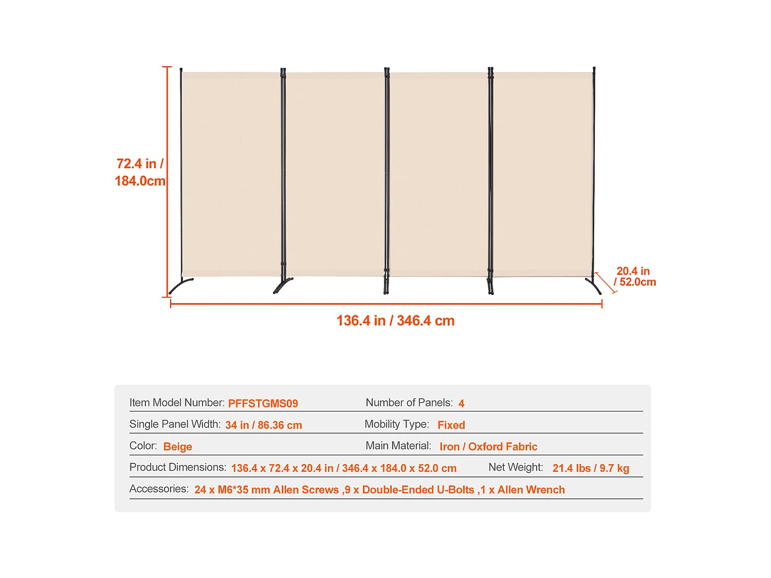 Scheidingswand SucceBuy 4-delige Kamerverdeler, Opvouwbaar Privacyscherm, Draagbare Kamerverdeler, Vrijstaande Scheidingswand, 3464 x 1840 x 520 mm, Beige
