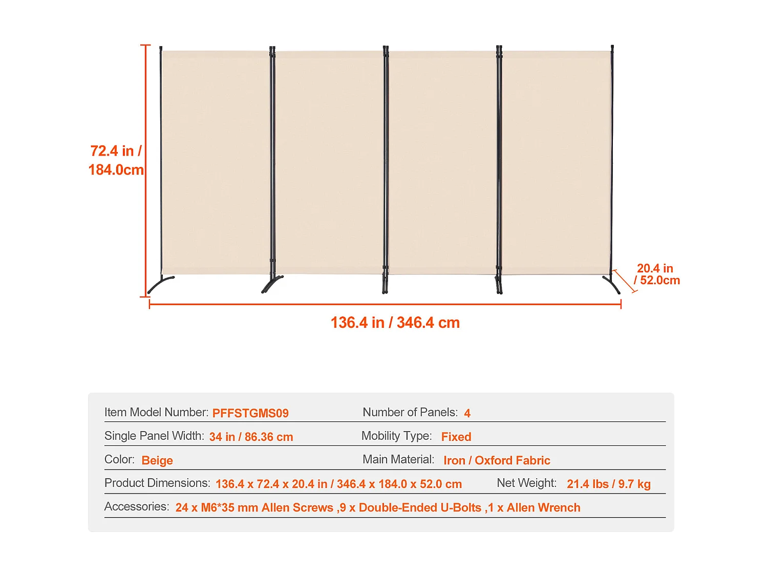 Parede Divisória SucceBuy Divisória de Ambiente com 4 Painéis, Ecrã de Privacidade Dobrável e Portátil para Divisória de Ambiente, Bege