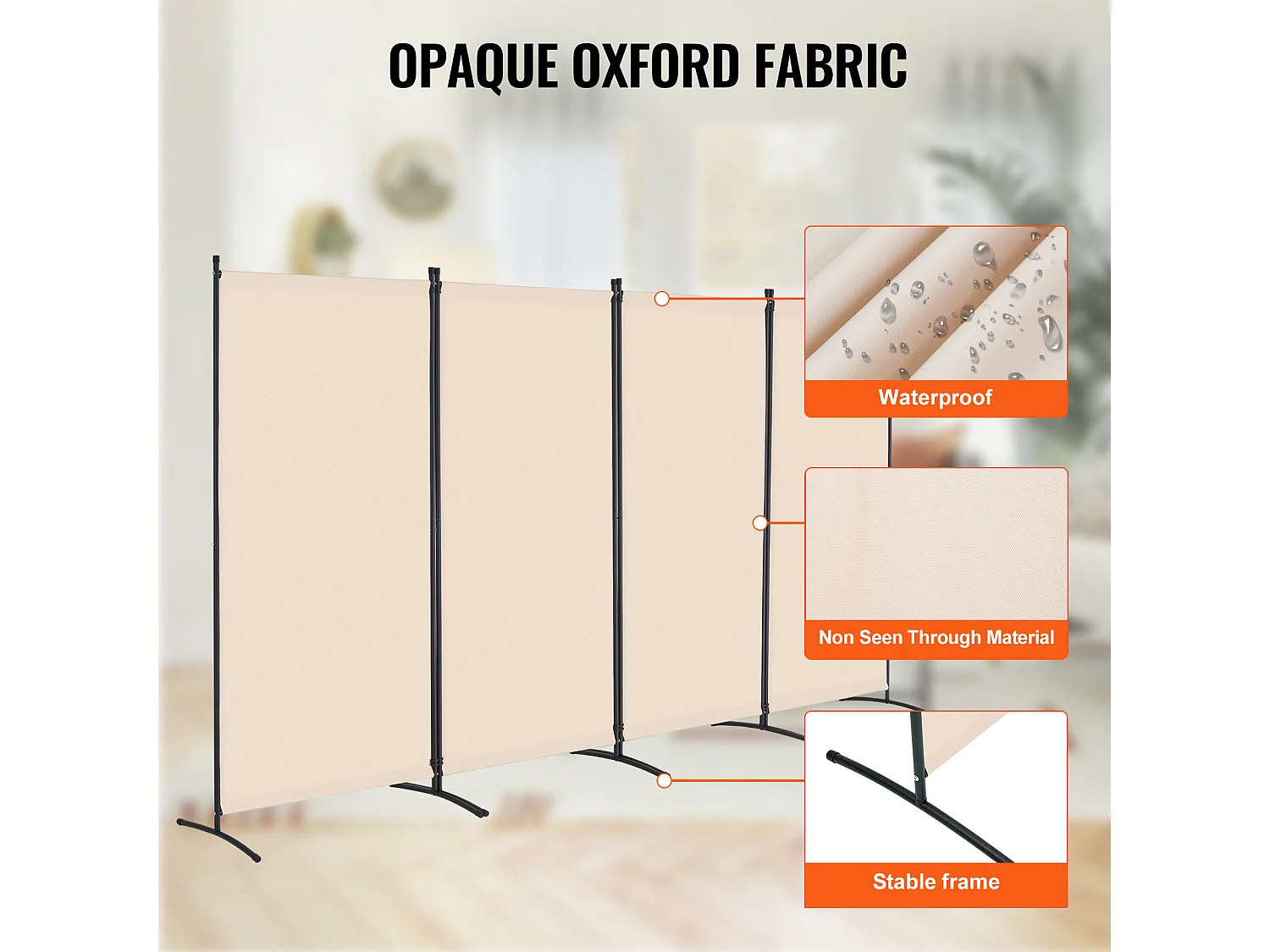 Parede Divisória SucceBuy Divisória de Ambiente com 4 Painéis, Ecrã de Privacidade Dobrável e Portátil para Divisória de Ambiente, Bege