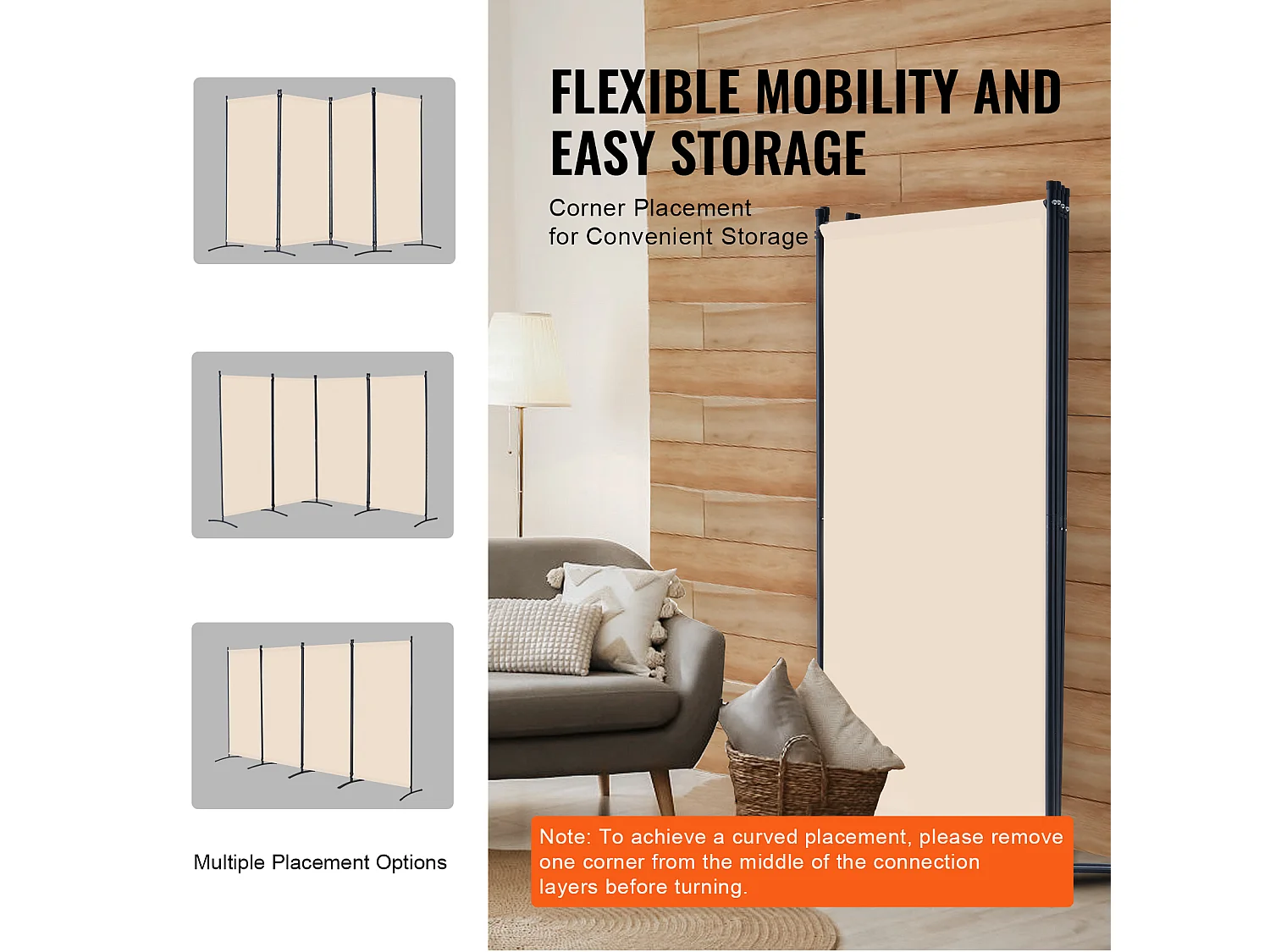 Parede Divisória SucceBuy Divisória de Ambiente com 4 Painéis, Ecrã de Privacidade Dobrável e Portátil para Divisória de Ambiente, Bege