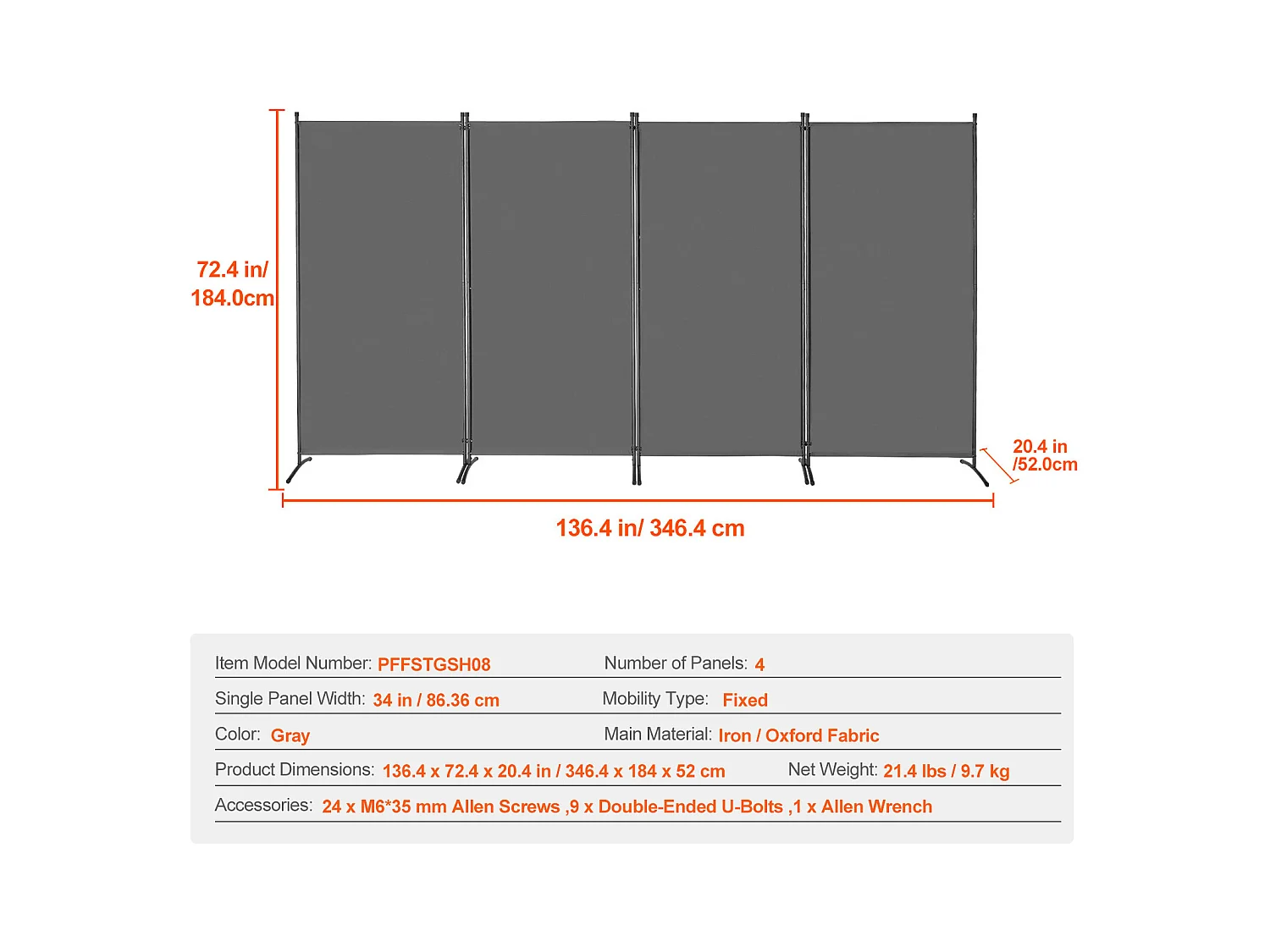 Cloison de Séparation SucceBuy Cloison de Séparation à 4 Panneaux, Paravent de Confidentialité Pliable, Cloison Portable pour Séparation de Pièce, Gris
