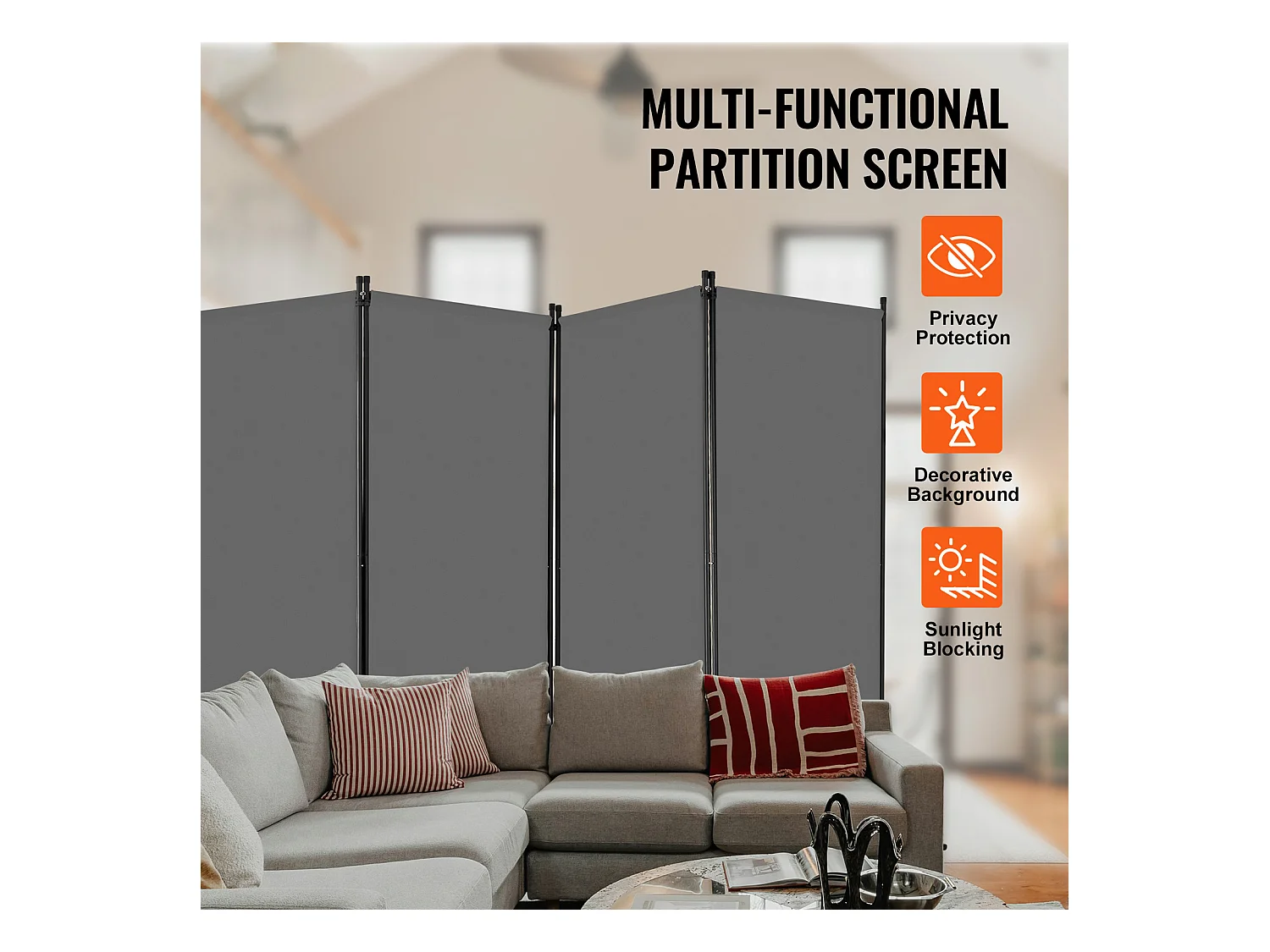 Cloison de Séparation SucceBuy Cloison de Séparation à 4 Panneaux, Paravent de Confidentialité Pliable, Cloison Portable pour Séparation de Pièce, Gris