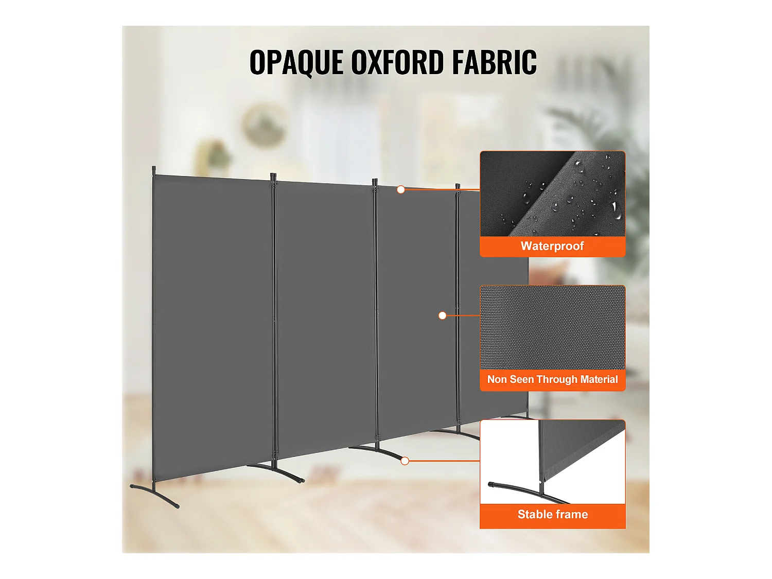 Cloison de Séparation SucceBuy Cloison de Séparation à 4 Panneaux, Paravent de Confidentialité Pliable, Cloison Portable pour Séparation de Pièce, Gris