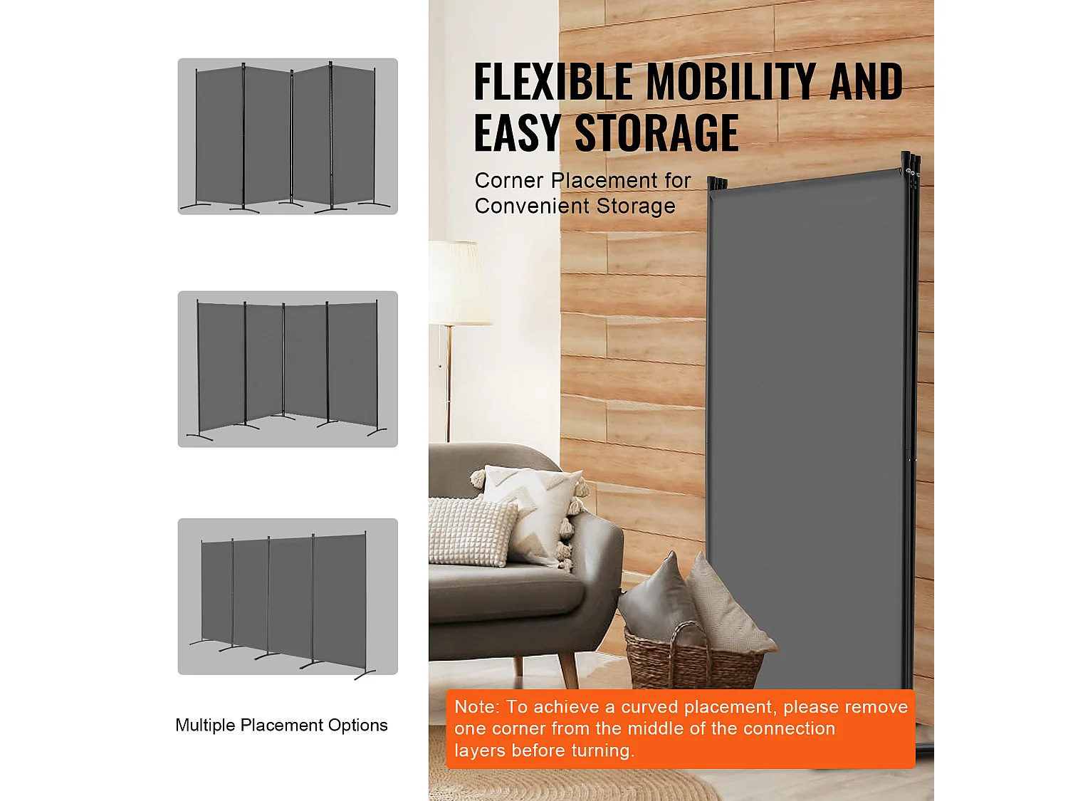 Cloison de Séparation SucceBuy Cloison de Séparation à 4 Panneaux, Paravent de Confidentialité Pliable, Cloison Portable pour Séparation de Pièce, Gris