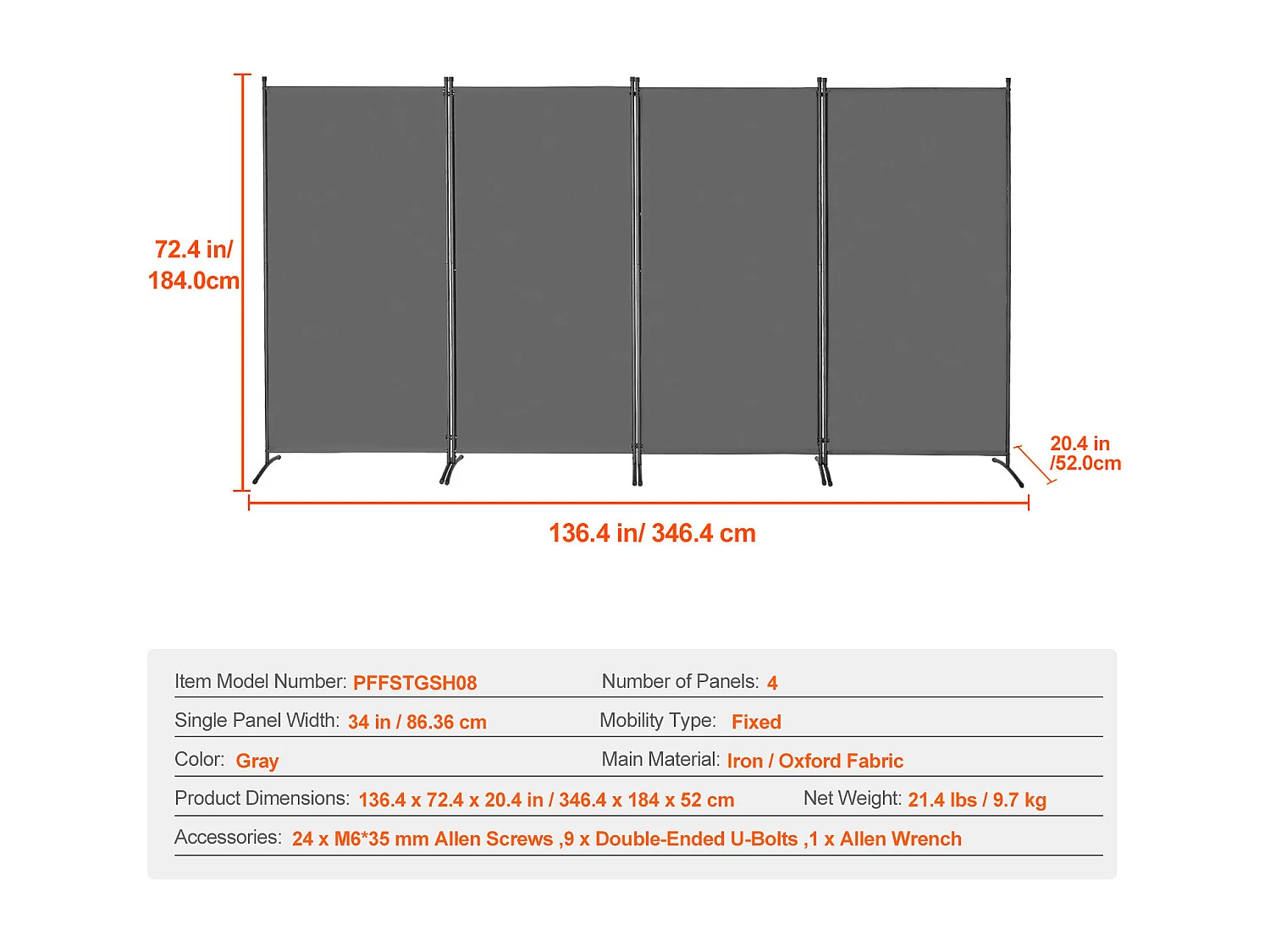 Cloison de Séparation SucceBuy Cloison de Séparation à 4 Panneaux, Paravent de Confidentialité Pliable, Cloison Portable pour Séparation de Pièce, Gris