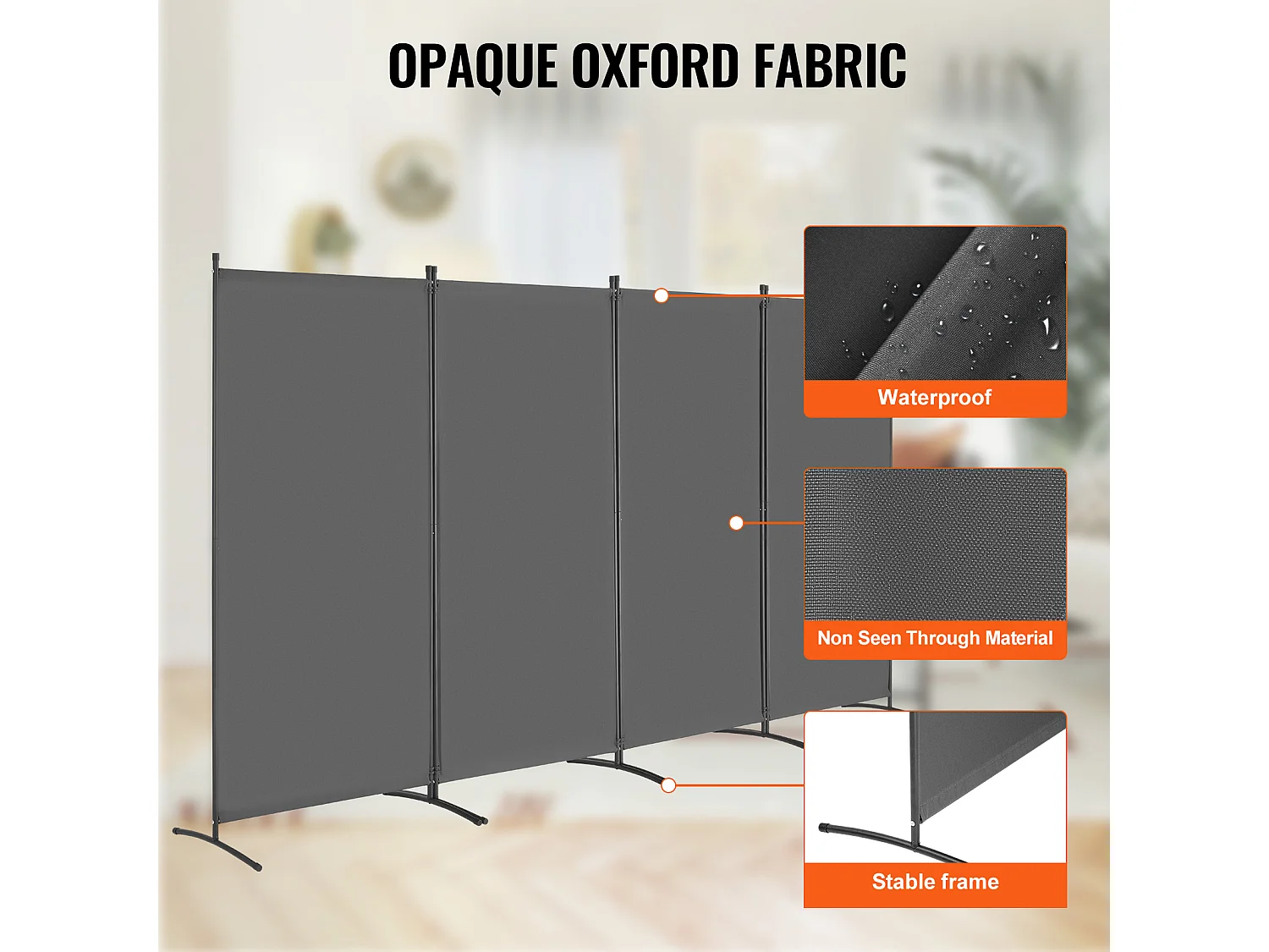 Cloison de Séparation SucceBuy Cloison de Séparation à 4 Panneaux, Paravent de Confidentialité Pliable, Cloison Portable pour Séparation de Pièce, Gris