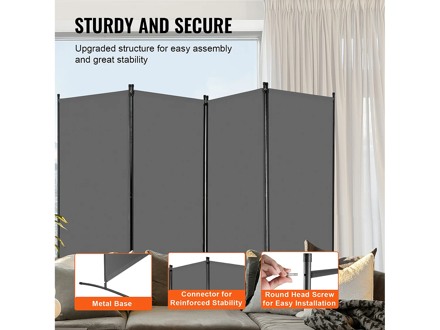 Cloison de Séparation SucceBuy Cloison de Séparation à 4 Panneaux, Paravent de Confidentialité Pliable, Cloison Portable pour Séparation de Pièce, Gris